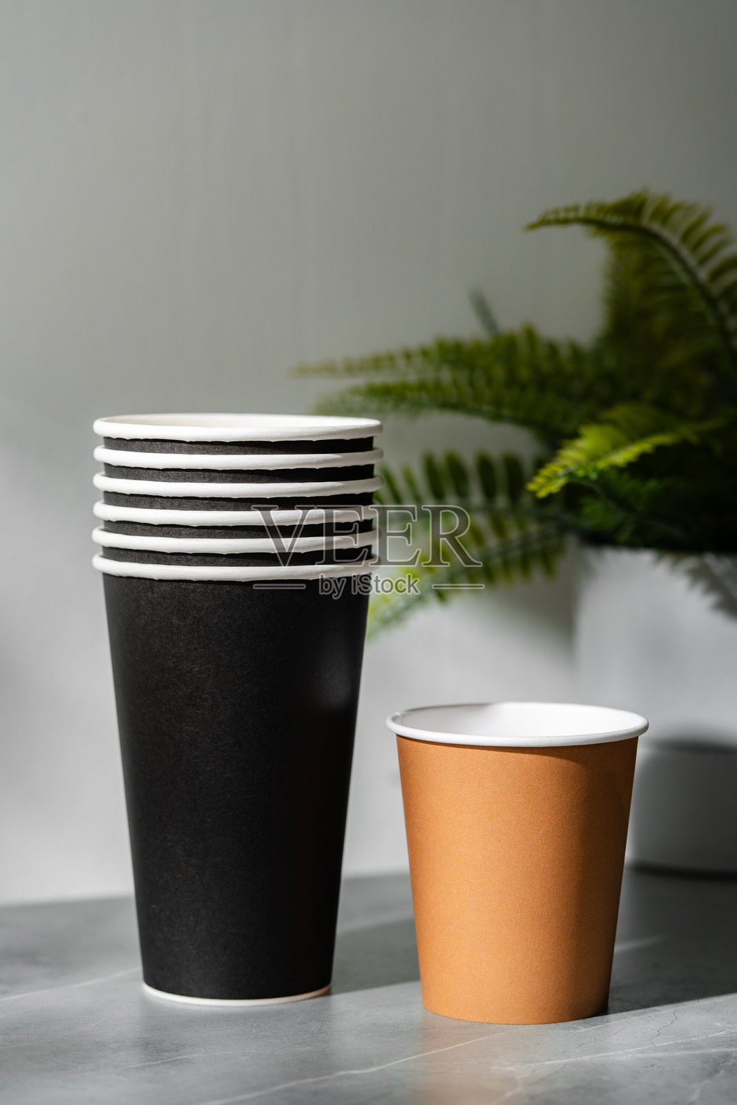 大理石表面上自然光下的盆栽旁边放着一堆一次性杯子照片摄影图片