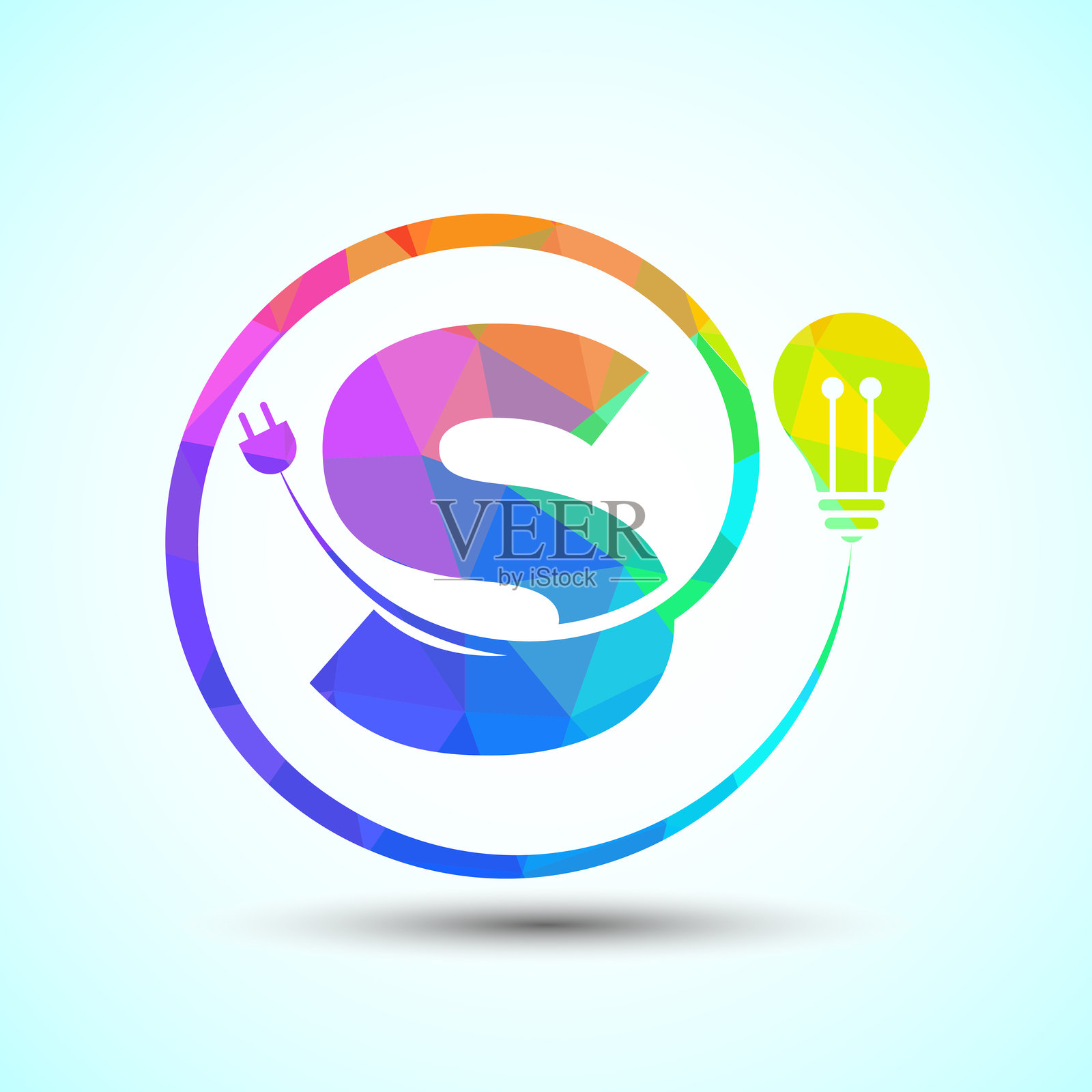 低多边形风格的电力和科技标志，包含电灯泡和插头的字母S。插画图片素材