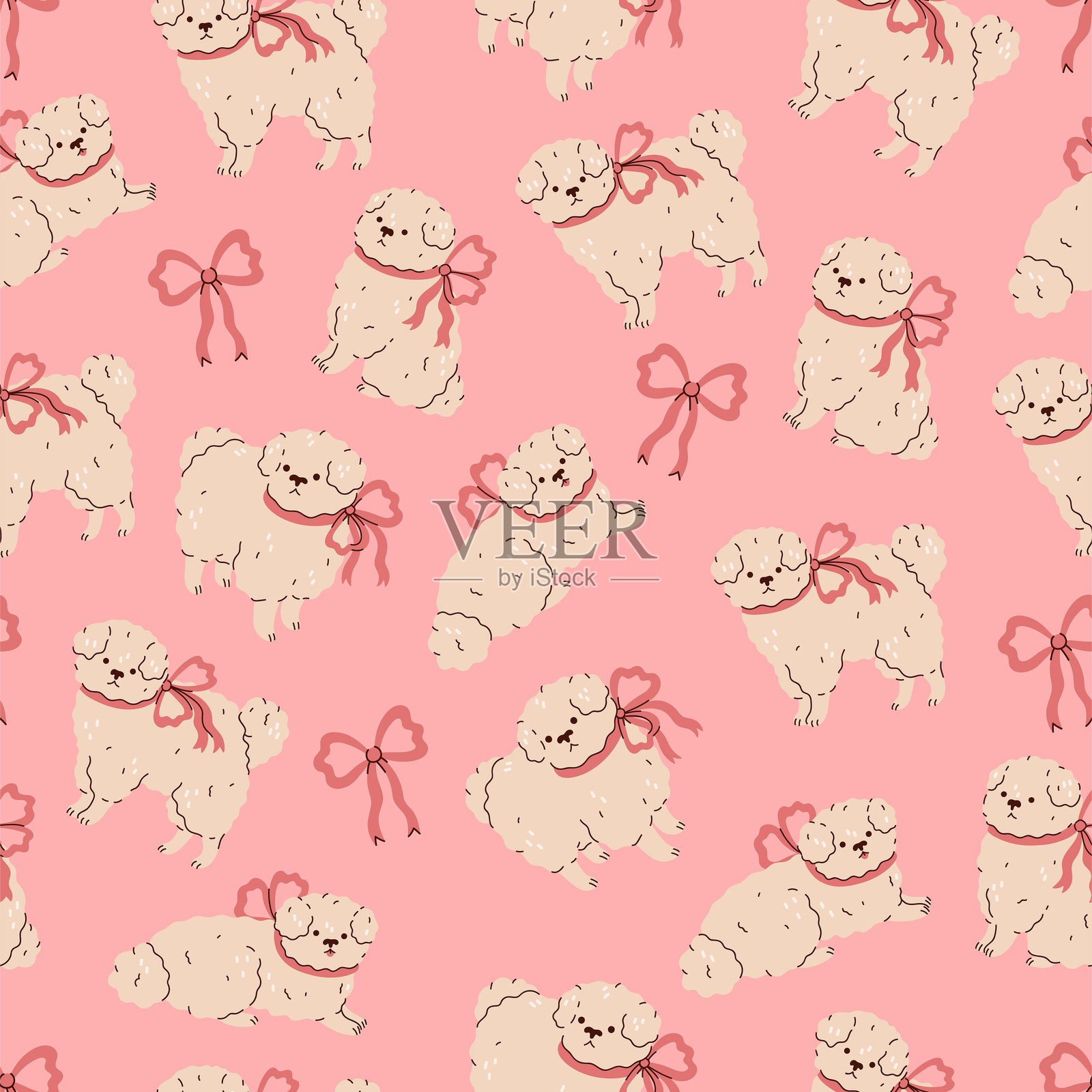 可爱狗狗与蝴蝶结的无缝图案，粉色背景。矢量图形。插画图片素材