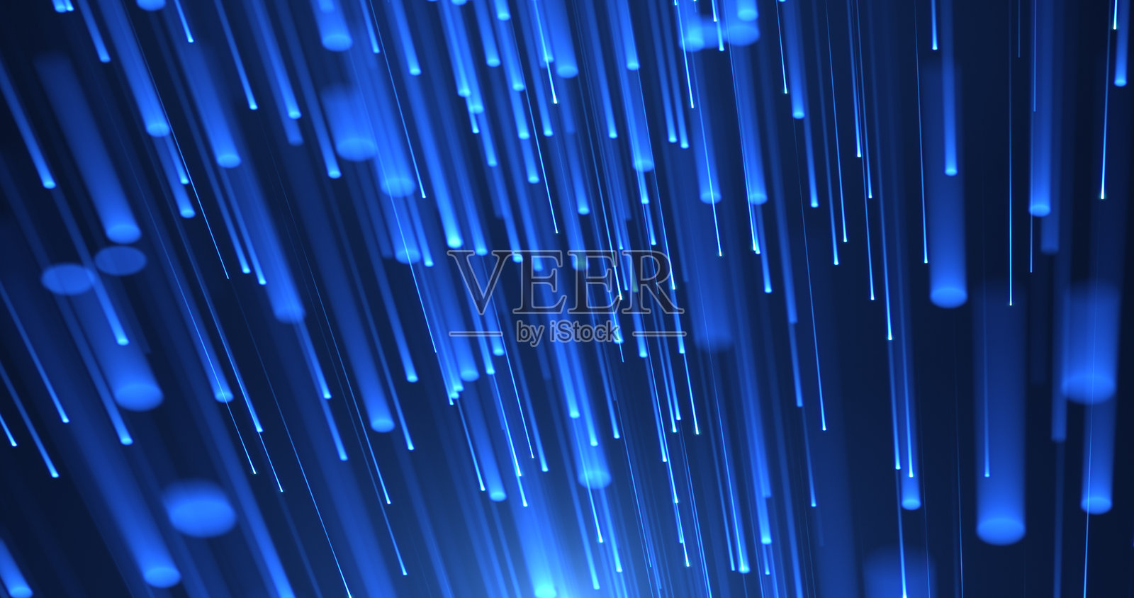 抽象的彩色背景，明亮的霓虹光线和发光的线条向下延伸。蓝色霓虹线条或光带。光速。插画图片素材