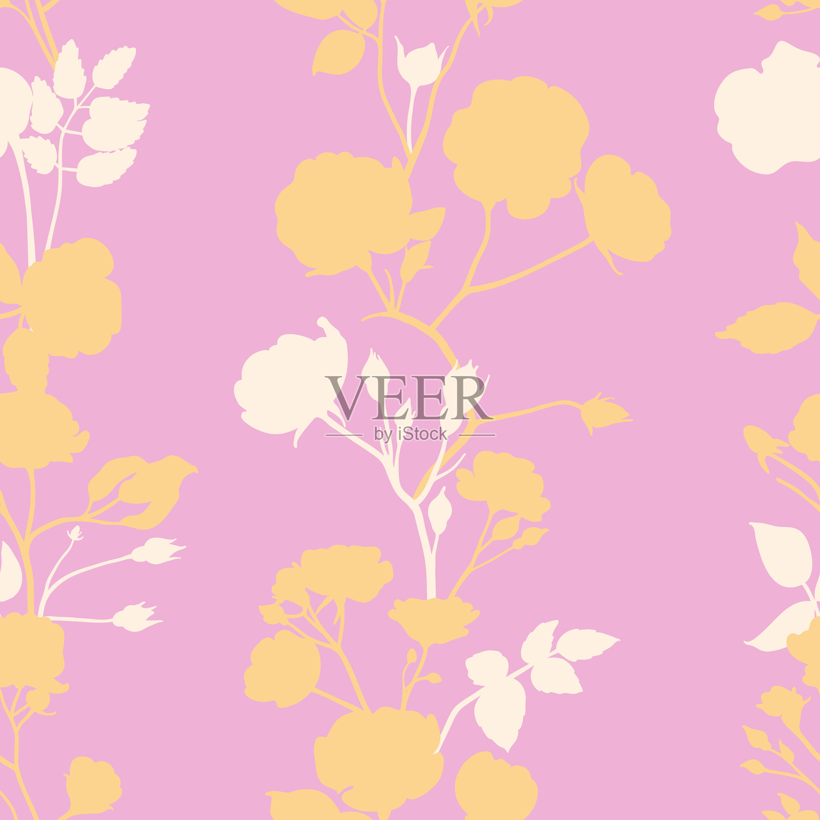 不同颜色的花园玫瑰剪影无缝图案插画图片素材