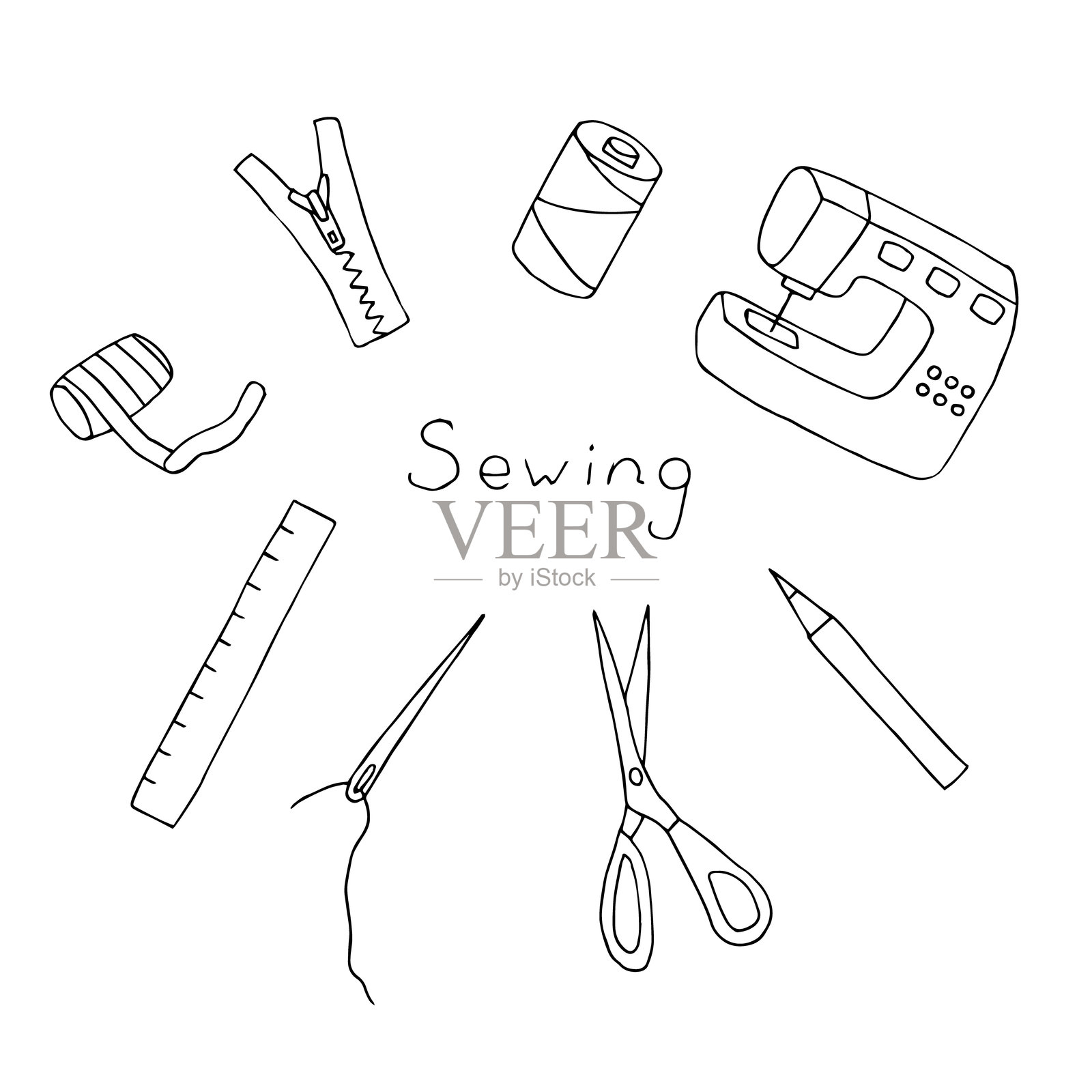 缝纫工具套件矢量插图，手绘涂鸦插画图片素材