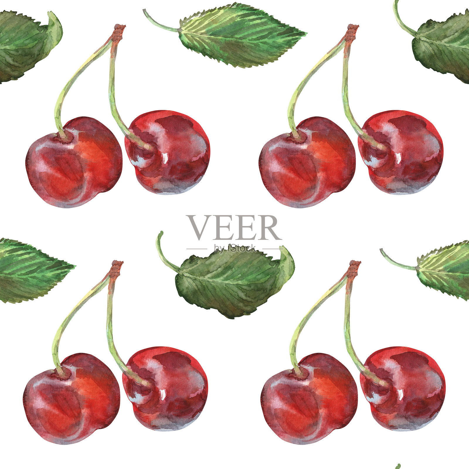无缝樱桃图案，手绘水彩，带有叶子。成熟的红色浆果在一串樱桃上。两个樱桃被绘制得非常鲜艳，色彩丰富。它是水果系列的一部分。此插图可用作果汁包装上的贴纸。插画图片素材