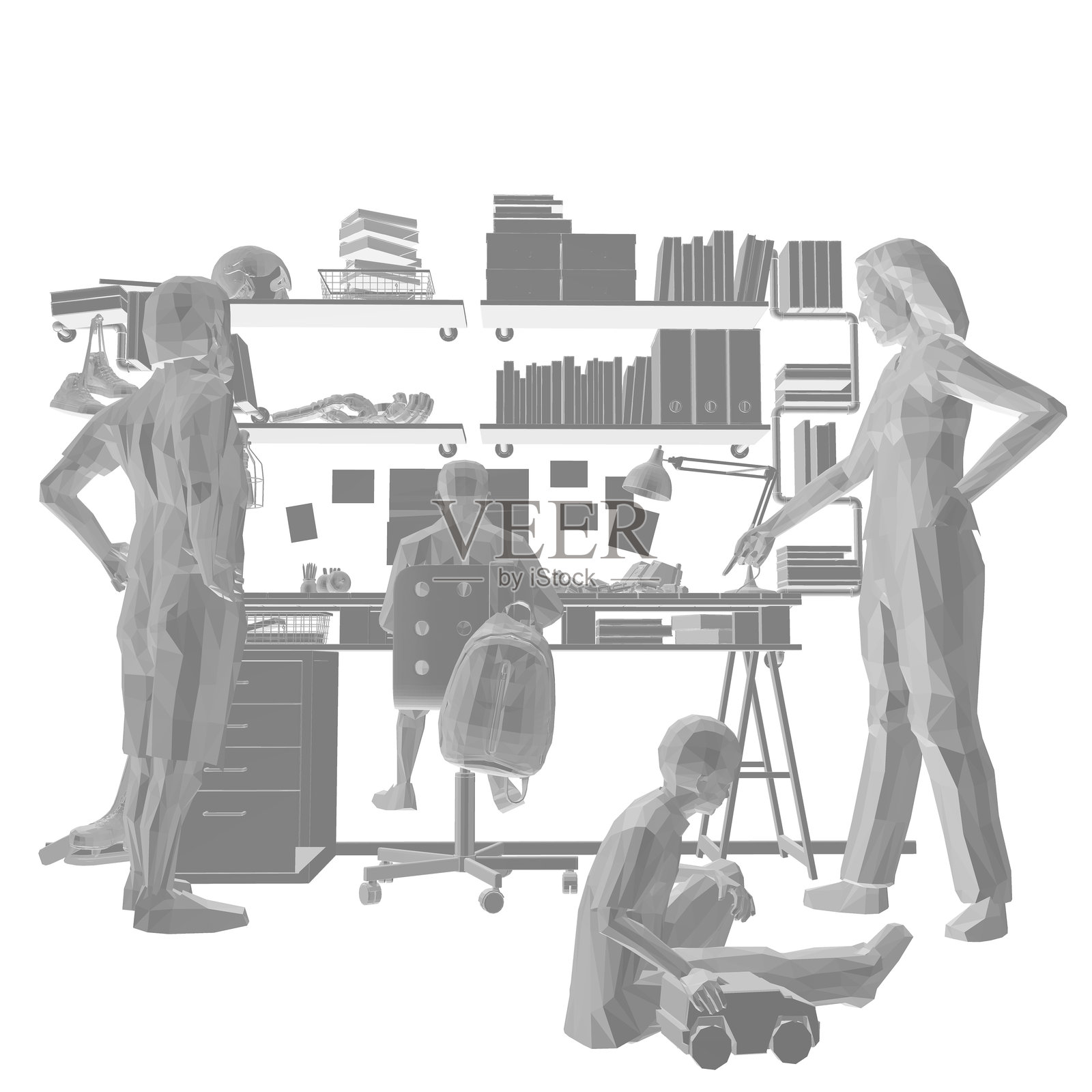 儿童房多边形模型，配有桌子和许多室内物品。父亲母亲站在孩子旁边。小孩在地板上玩耍。孩子坐在桌旁。矢量图。3D插画图片素材