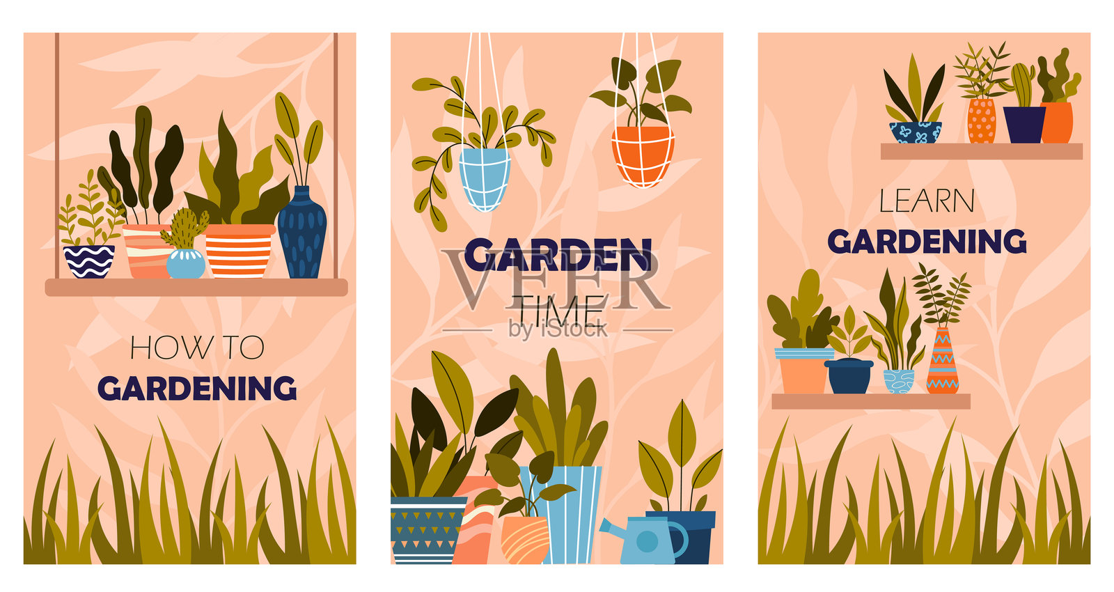 园艺海报套装。带植物的花盆。热带和异国情调的叶子。园艺和植物学，园艺学。关心植物。平面矢量集合插画图片素材