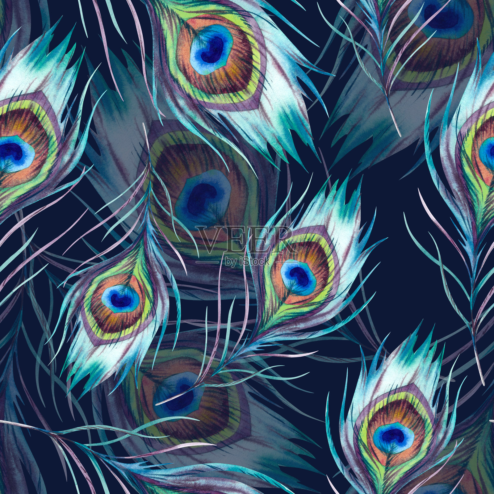 孔雀羽毛。无缝图案。插图为手绘，采用水彩技法。深色背景上的美丽明亮的多彩凤凰羽毛。亚洲、印度风格的装饰。插画图片素材