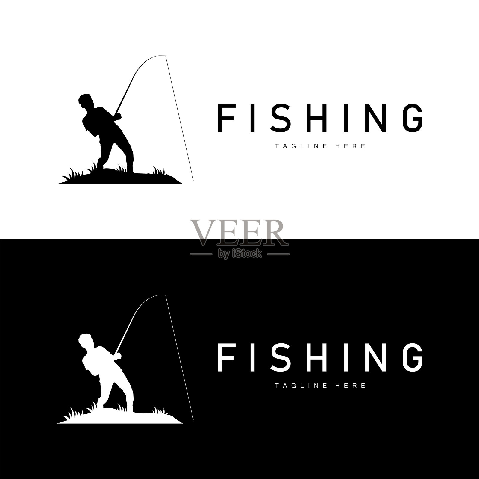 钓鱼黑色剪影钓鱼者设计与户外日落插画图片素材