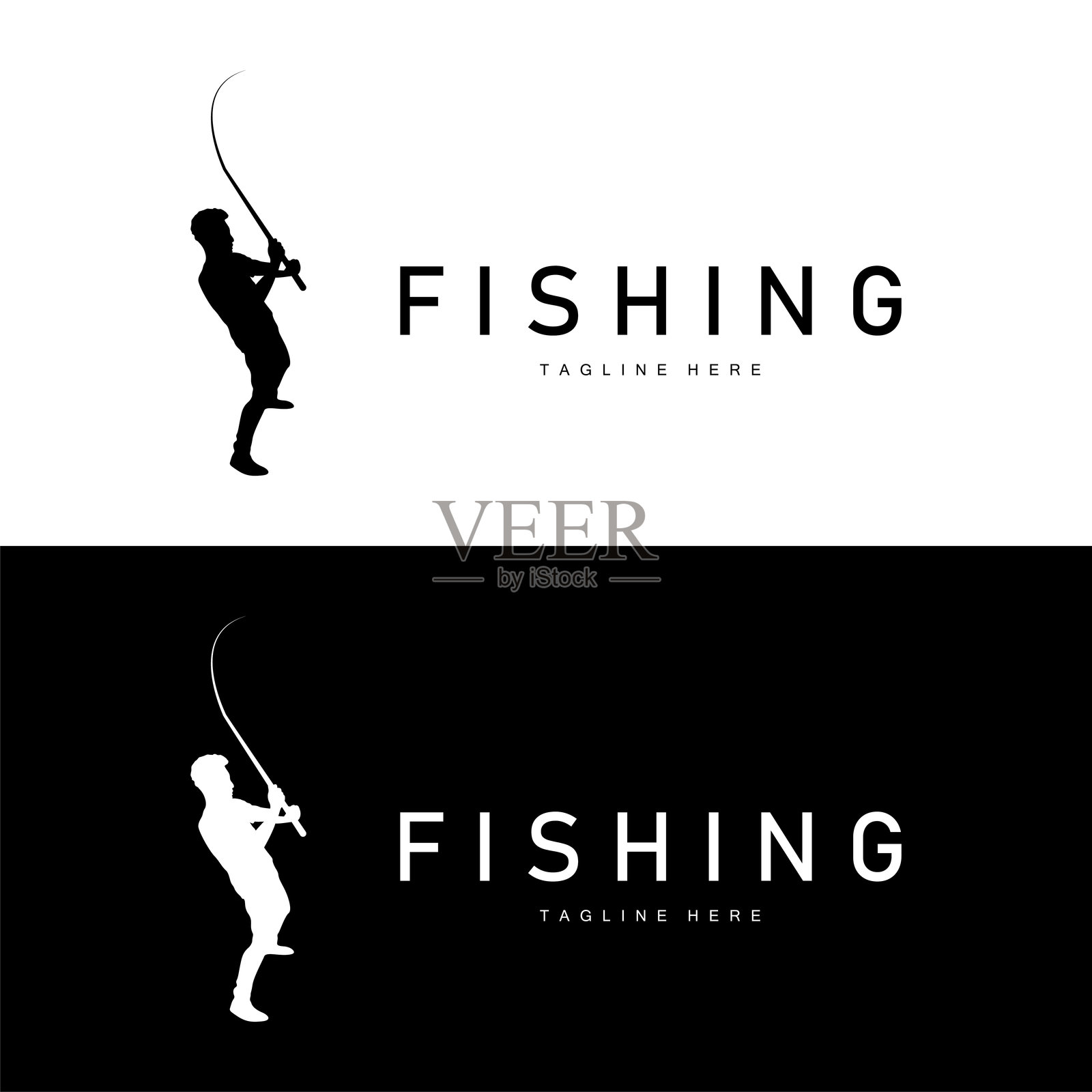 钓鱼黑色剪影钓鱼者设计与户外日落插画图片素材