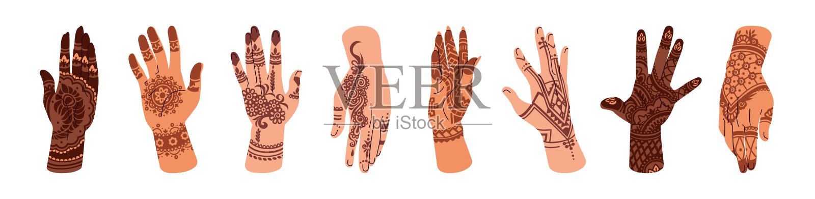 传统的手部美黑图案套装。印度的海娜纹身，阿拉伯风格的手掌图案。不同设计和风格的多样女性，花卉装饰。白色背景上的平面孤立矢量插图。插画图片素材