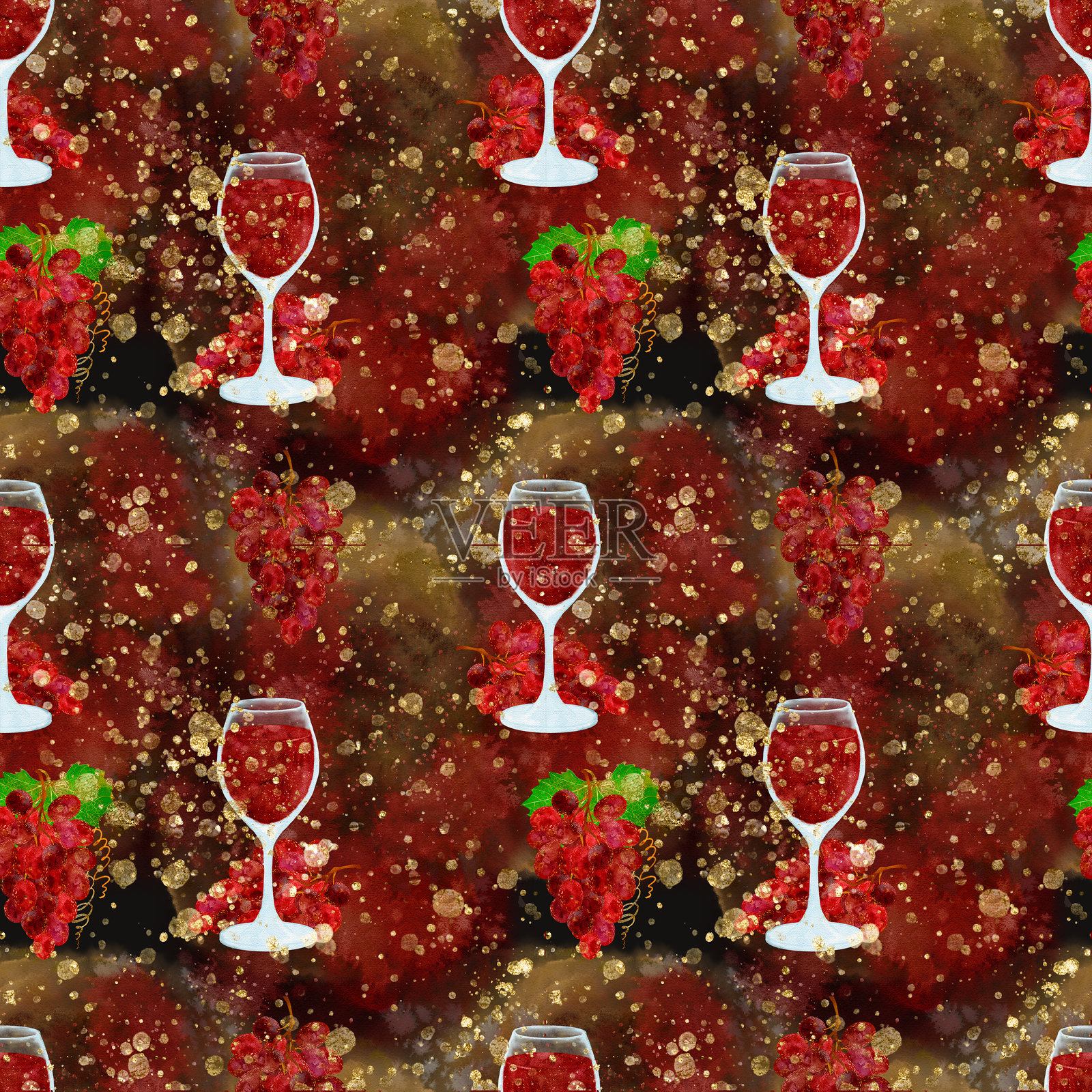 美丽的酒杯和葡萄图案背景，适用于庆祝活动和聚会插画图片素材