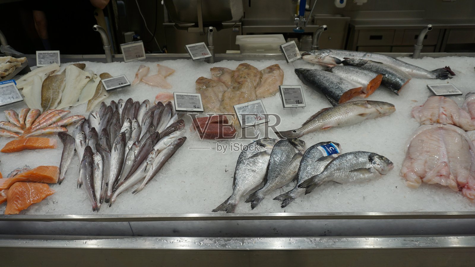 Lidl商店。德国国际折扣超市零售连锁。鱼市，提供多种新鲜鱼类。照片摄影图片