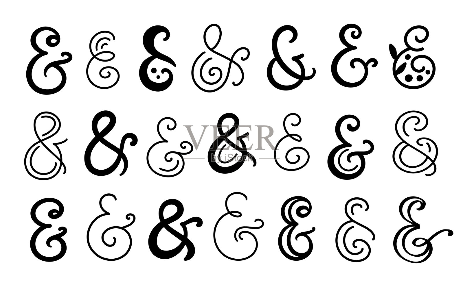 和符号集合。矢量字母书法符号合集，独立于白色背景。复古风格设计元素插画图片素材