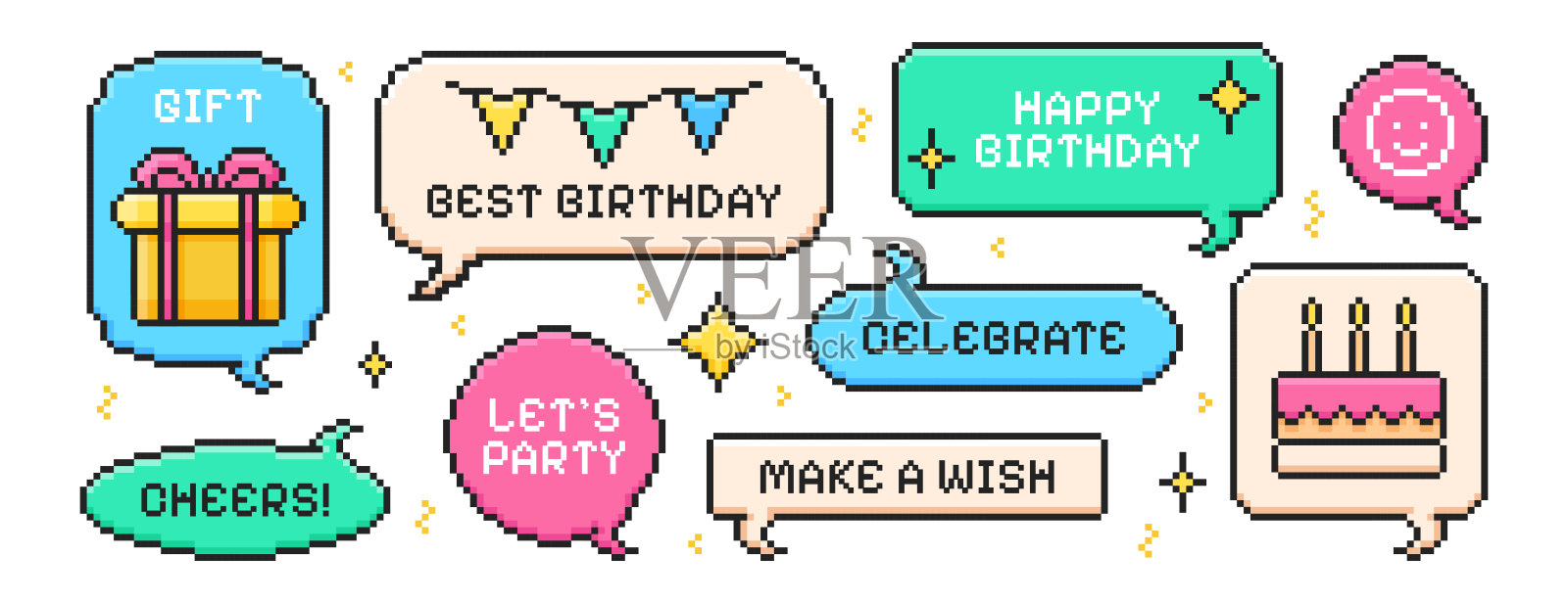 像素艺术的生日快乐气泡，配有像素化的蛋糕、蜡烛、礼品盒和祝贺语句插画图片素材