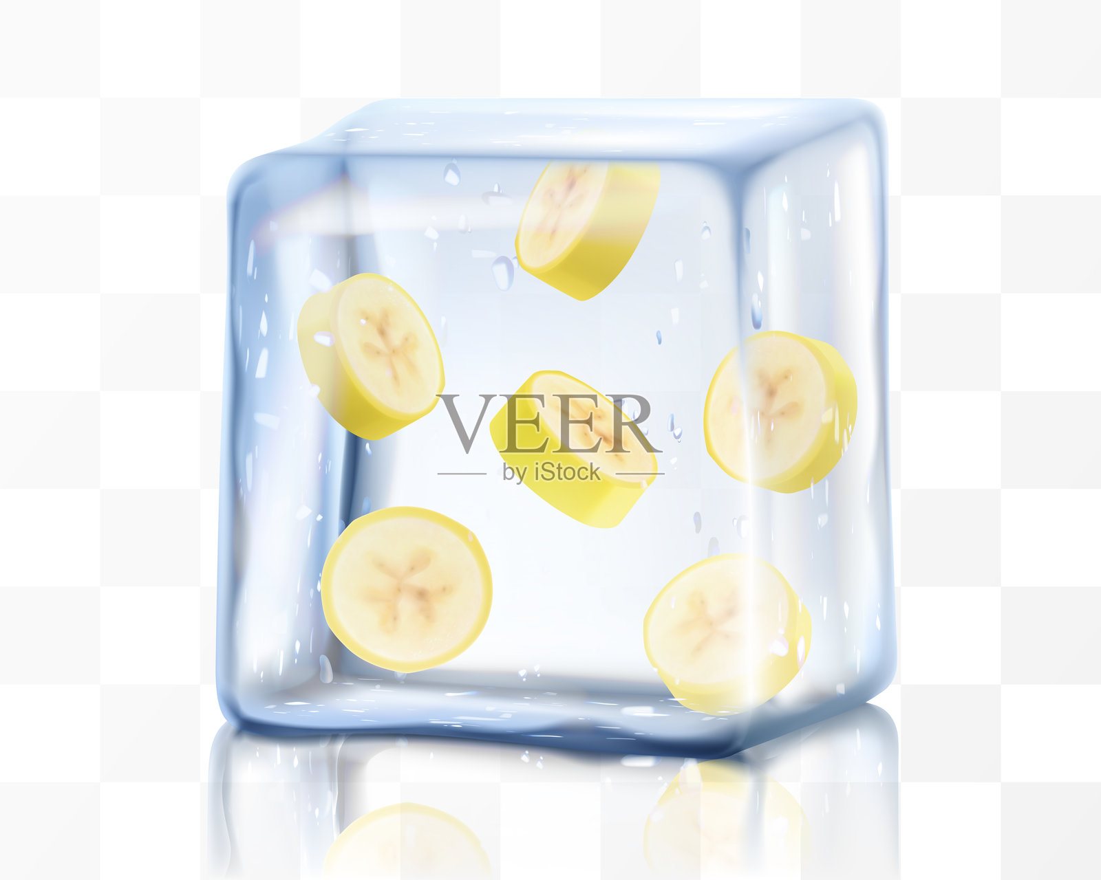 新鲜成熟的香蕉果肉切片放在冰块中，背景透明。冷冻美味的黄色香蕉，逼真的3D矢量插图。明亮的夏季设计。插画图片素材