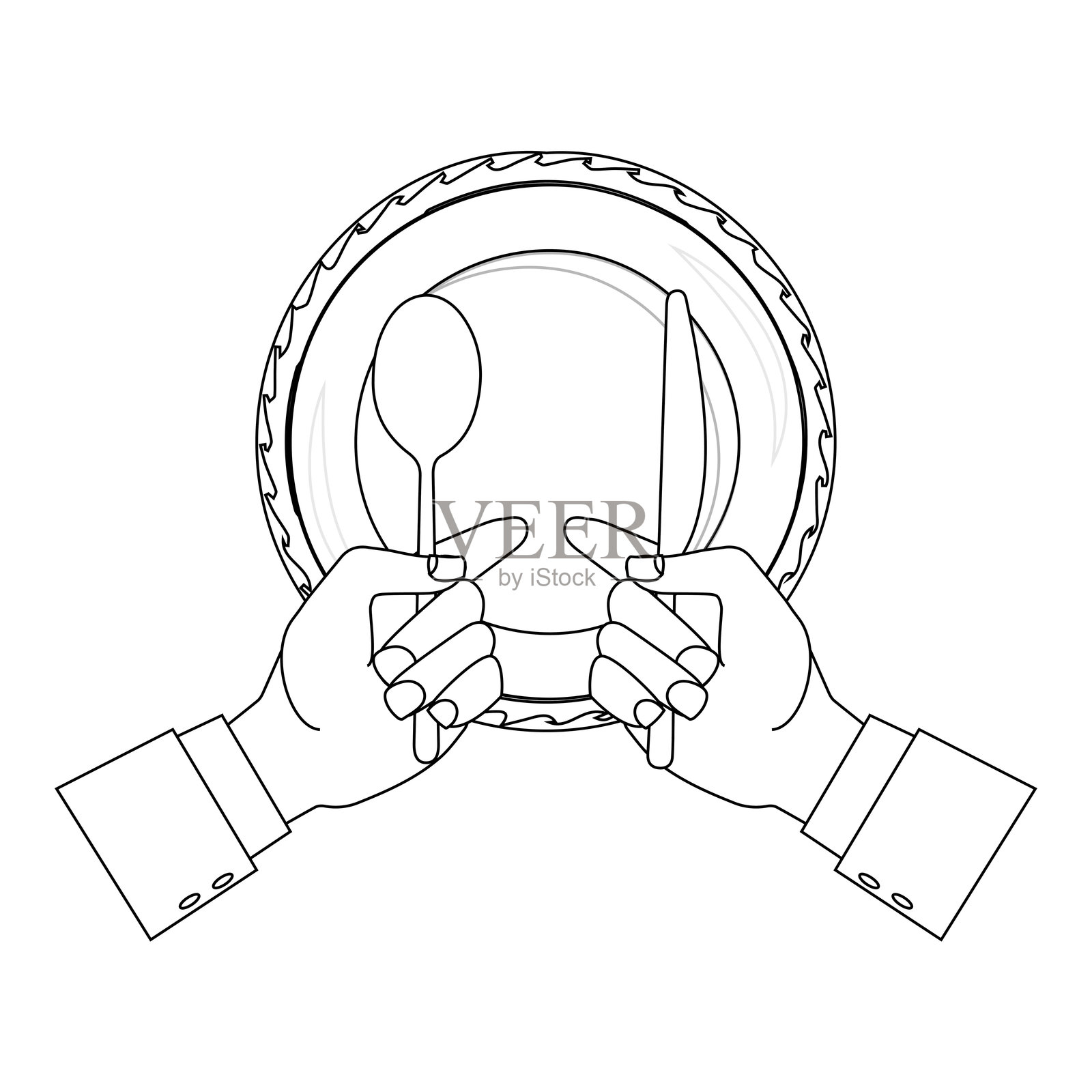 手握餐具的轮廓与空盘子，供涂色使用插画图片素材