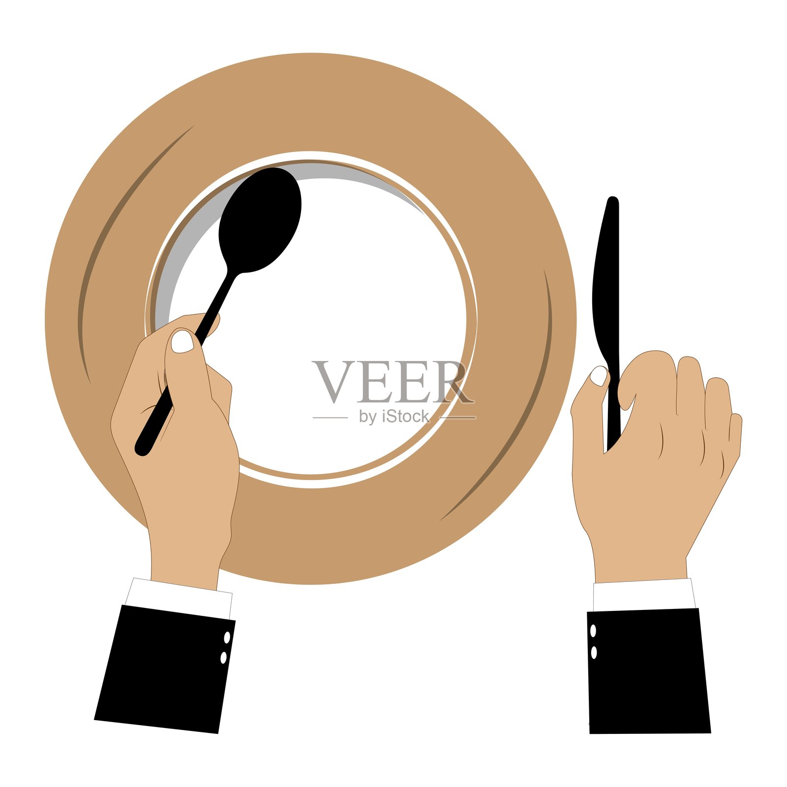 优雅的手握着餐具，旁边是空盘子插画图片素材