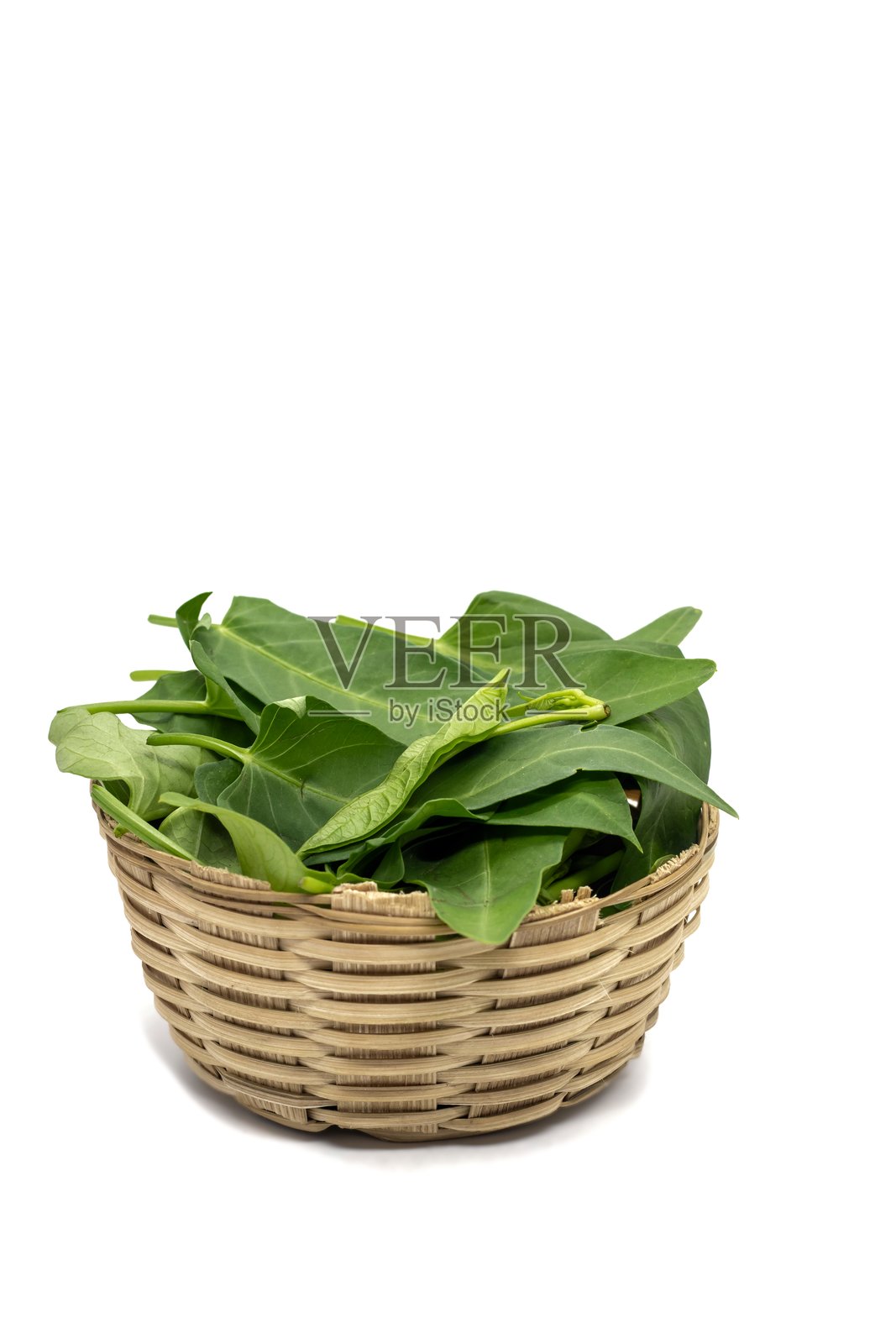 白色背景上孤立的小竹篮中的空心菜或水蕨叶，留有空白空间。照片摄影图片