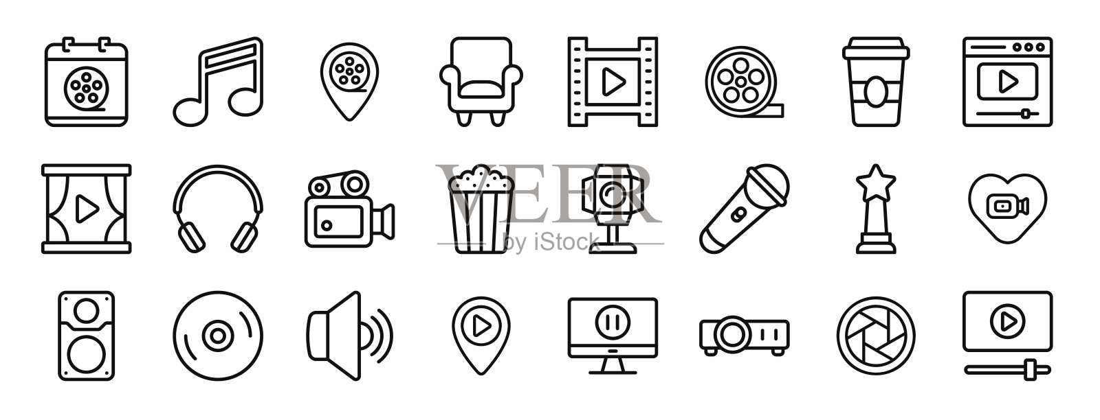 一套包含24个轮廓网页电影图标，如事件、音乐、占位符、扶手椅、电影、胶卷、软饮料的矢量图标，适用于报告、演示、图表、网页设计和移动应用。插画图片素材