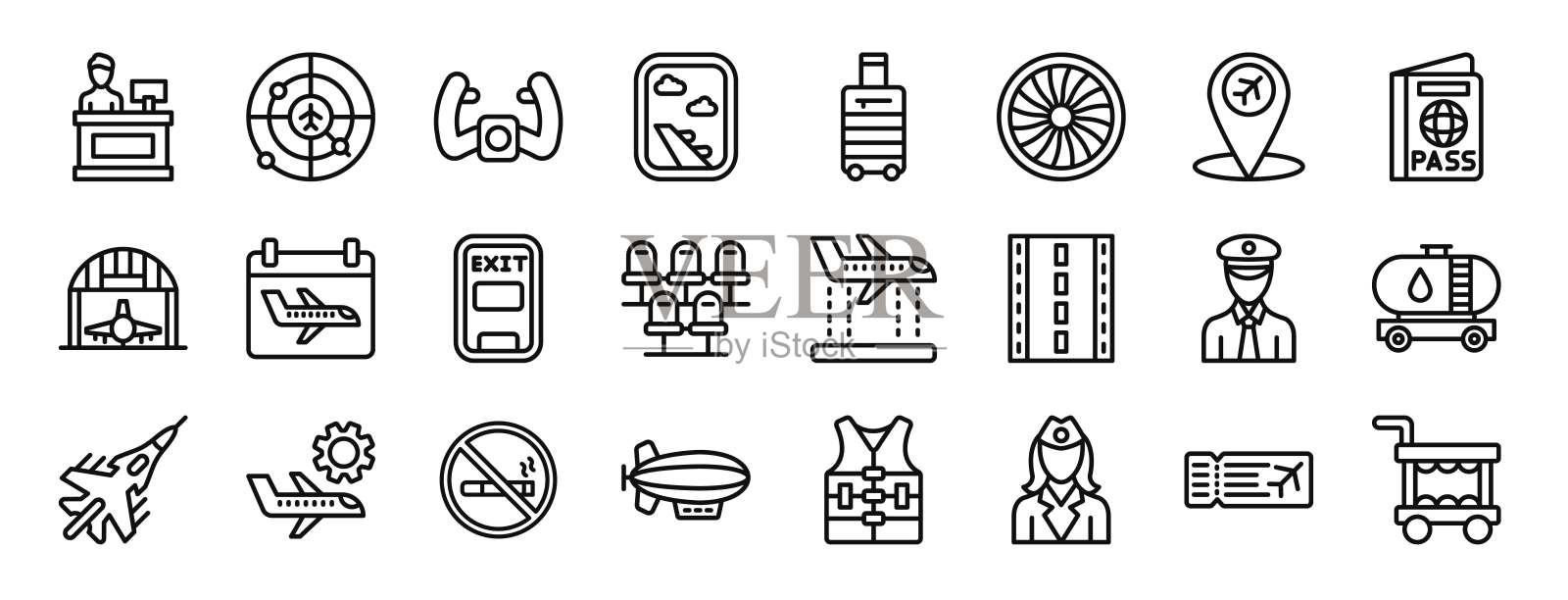 一套24个航空主题的轮廓图标，包括值机柜台、雷达、手柄、窗户、行李、涡轮、位置等矢量图标，适用于报告、演示、图表、网页设计和移动应用。插画图片素材