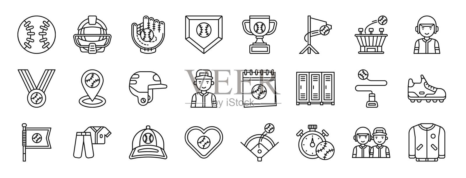 24个轮廓风格的棒球图标，包括球、头盔、接球、垒、奖杯、挥杆、全垒打等矢量图标，适用于报告、演示、图表、网页设计和移动应用。插画图片素材