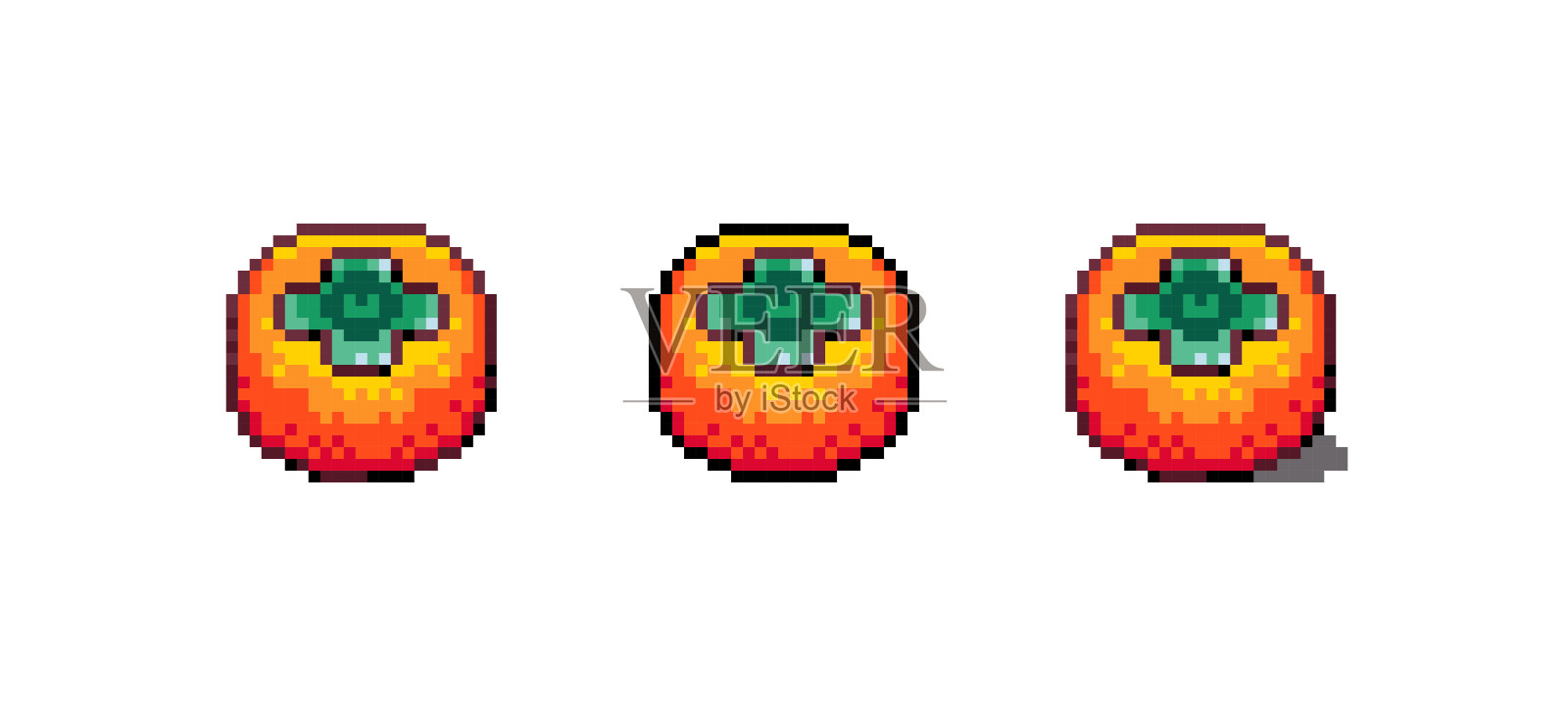 像素艺术柿子图标矢量插图。橙色异国水果图形独立贴纸。复古8位红柿子用于视频游戏、移动设备和网页。食品数字元素。数字艺术资产。插画图片素材