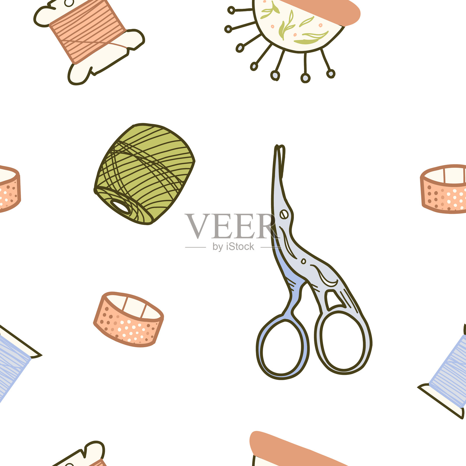缝纫和针线工具的无缝图案。服装制作用品，剪刀，线团和线轴，顶针和针垫。手绘彩色矢量插图，涂鸦风格。适用于爱好或手工设计，缝纫印刷。插画图片素材