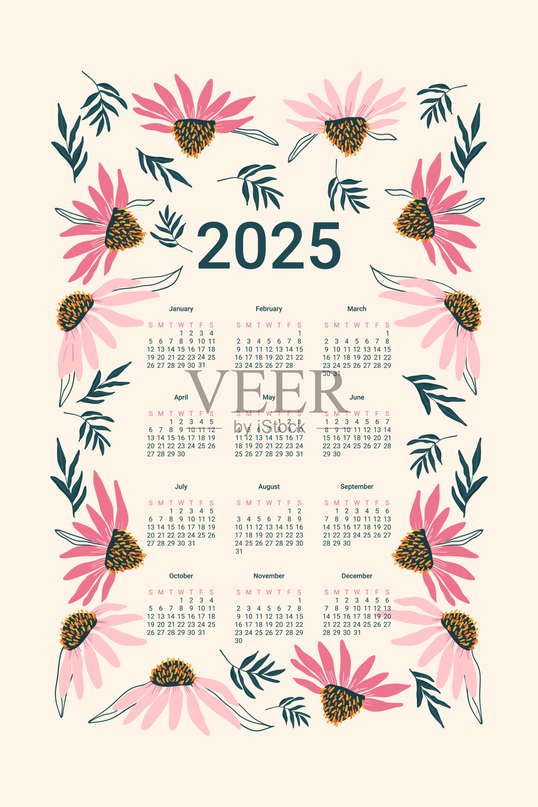 2025年日历与锥花。带有月份、周和日期模板的垂直横幅。矢量平面插图插画图片素材