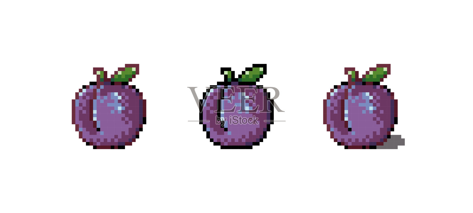 像素艺术李子图标矢量插图。异国情调的浆果水果图形独立贴纸。复古8位红李子，适用于视频游戏、移动设备和网页。食品数字元素。数字艺术资产。插画图片素材