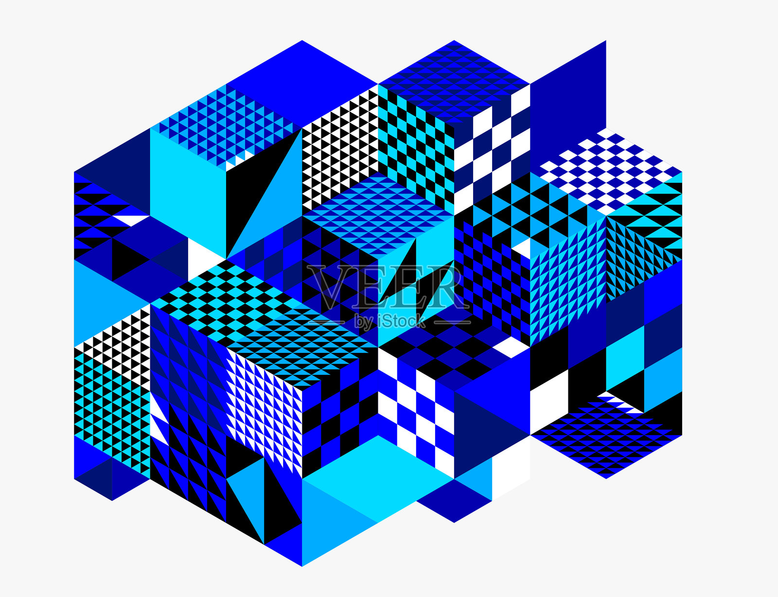 蓝色矢量抽象几何背景，包含立方体和不同的节奏形状，等距3D抽象艺术展示城市建筑的形态，光学艺术。插画图片素材