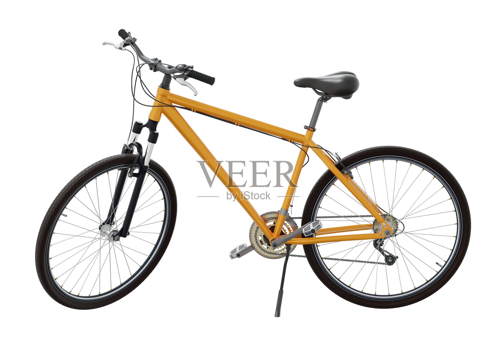 橙色自行车立在支架上，侧面视图，孤立在白色背景上，3D插图照片摄影图片