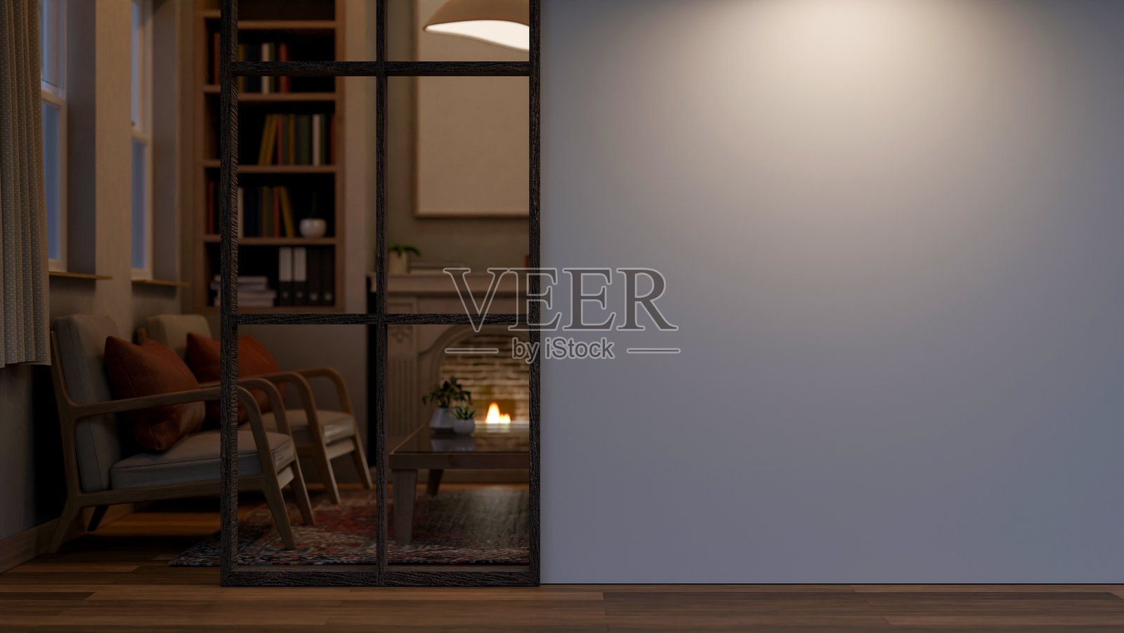 一个通往温馨复古客厅的家居走廊，夜晚的空白白墙。照片摄影图片