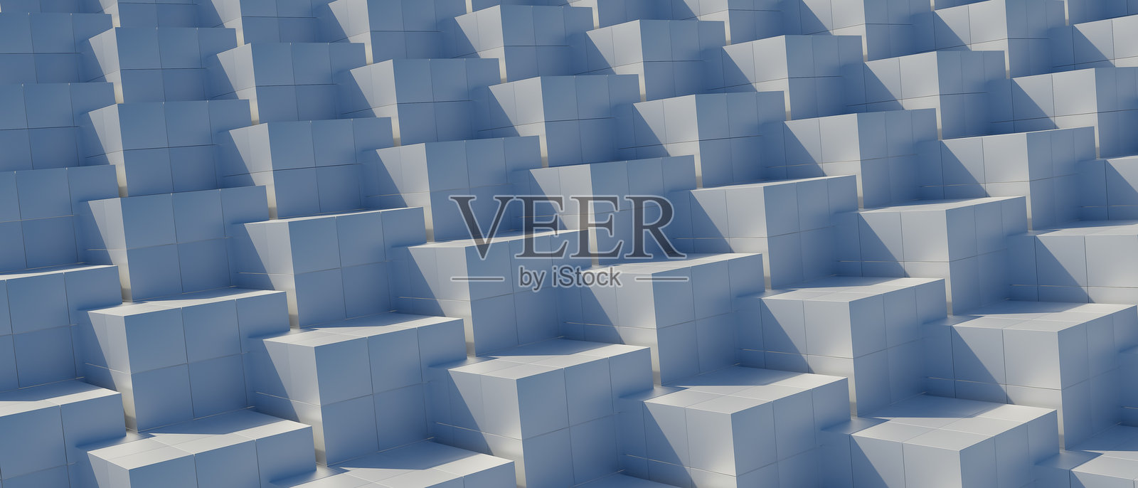 3D渲染插图，图像是一个白色建筑的特写，建筑由许多白色方块构成。照片摄影图片