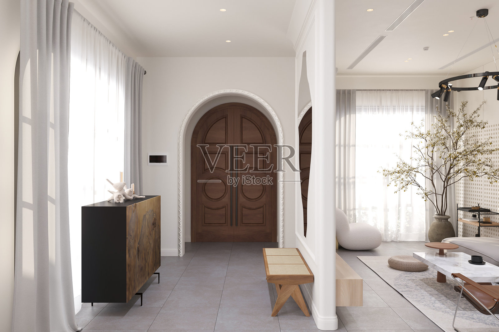 现代简约风格的入口，配有优雅的木质双开门和明亮的生活空间照片摄影图片
