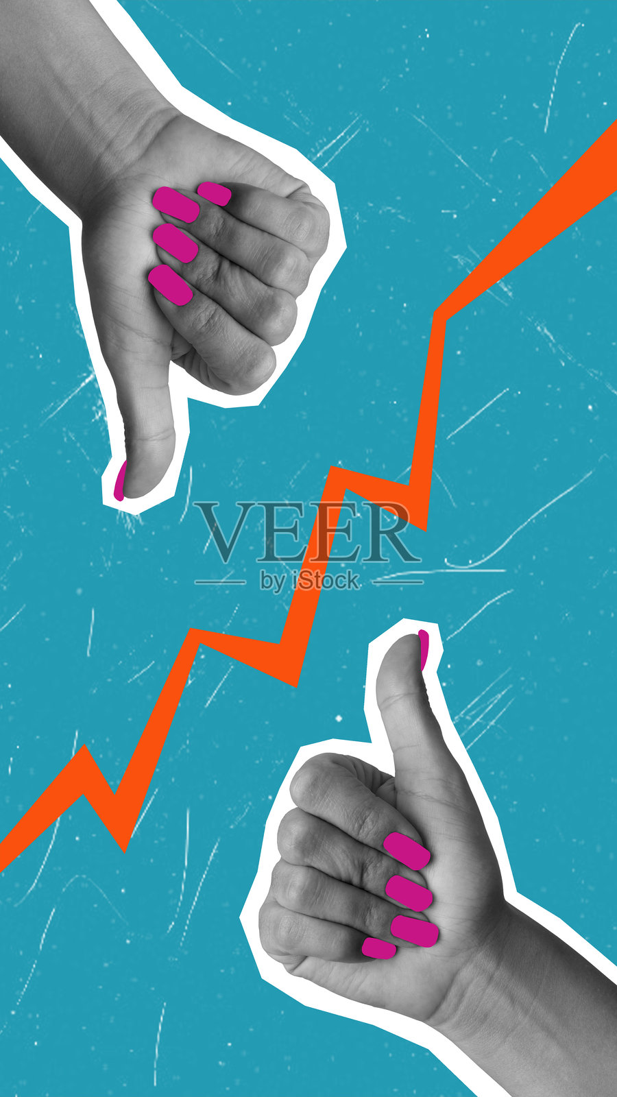 现代艺术拼贴，展示一只手竖起大拇指，另一只手则是大拇指向下。照片摄影图片