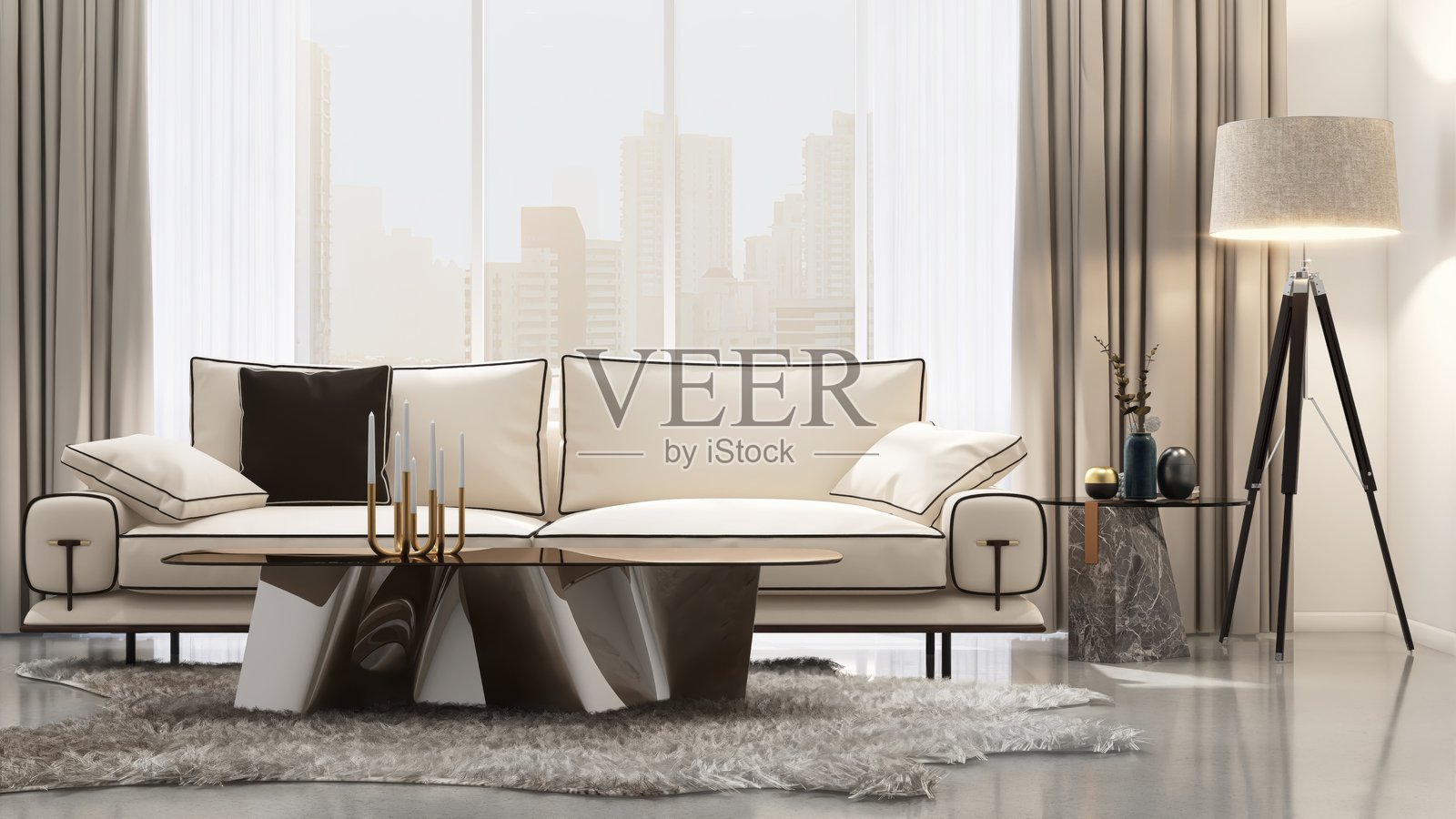 豪华现代客厅内的奶油色皮沙发、咖啡桌和毛绒地毯，阳光透过大窗户洒入，俯瞰城市景观，适合室内设计装饰和产品背景3D。照片摄影图片