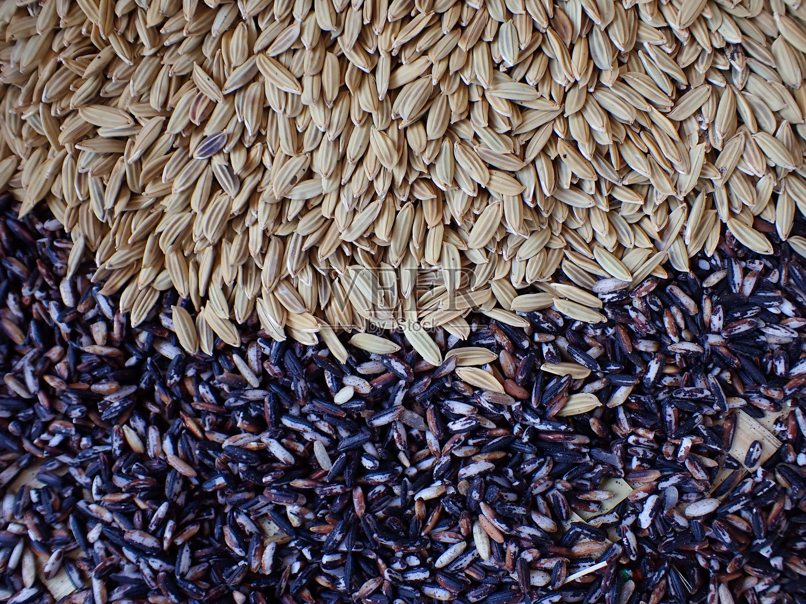 从上方俯视的全麦生米。近距离拍摄的有机米堆。近距离的有机混合米粒和米饭纹理作为背景。照片摄影图片