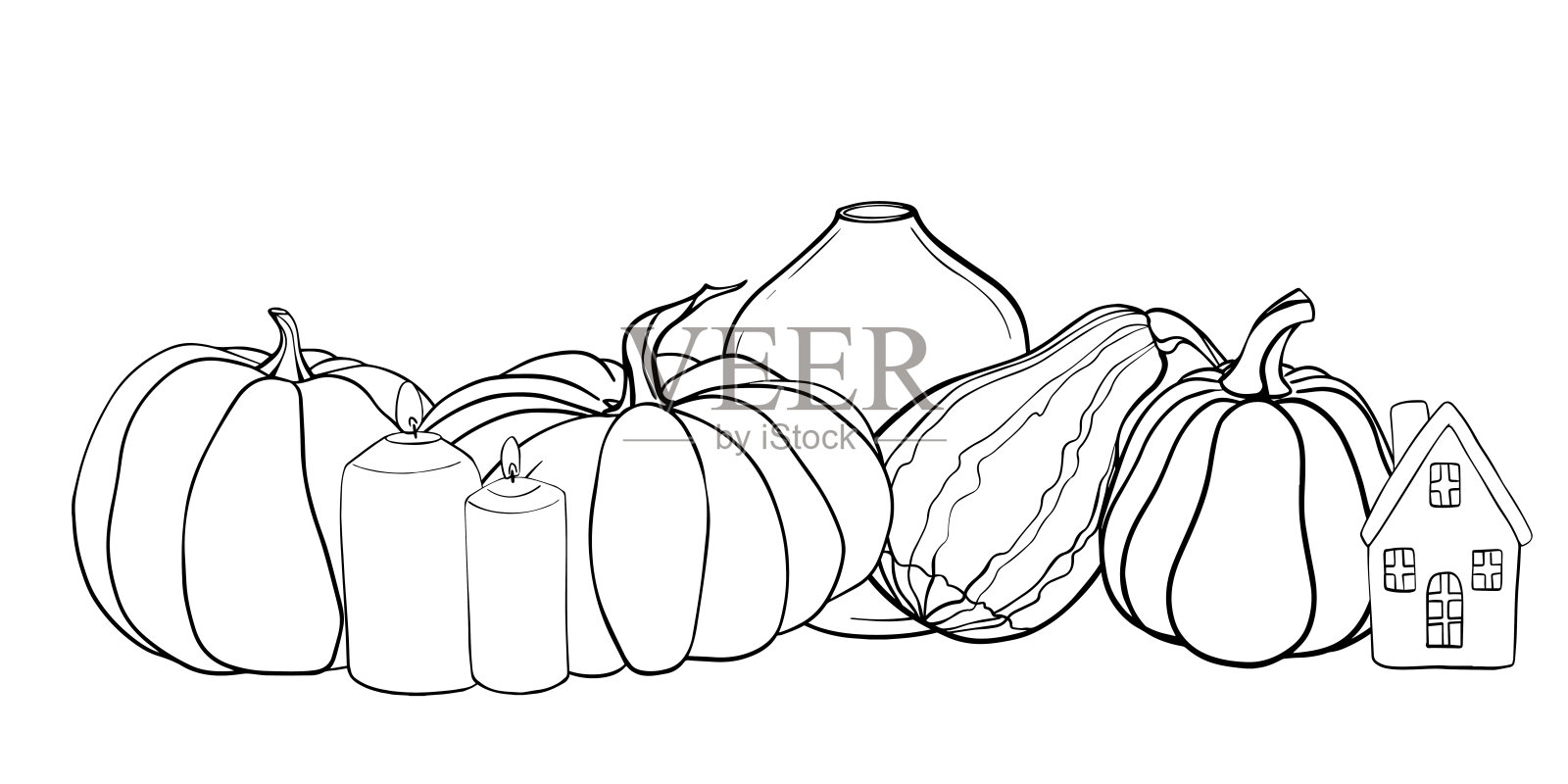 南瓜构图的线性素描。秋季矢量插图，采用黑色墨水绘制。孤立的轮廓线条画秋季蔬菜。用于秋季收获和感恩节设计的雕刻。插画图片素材