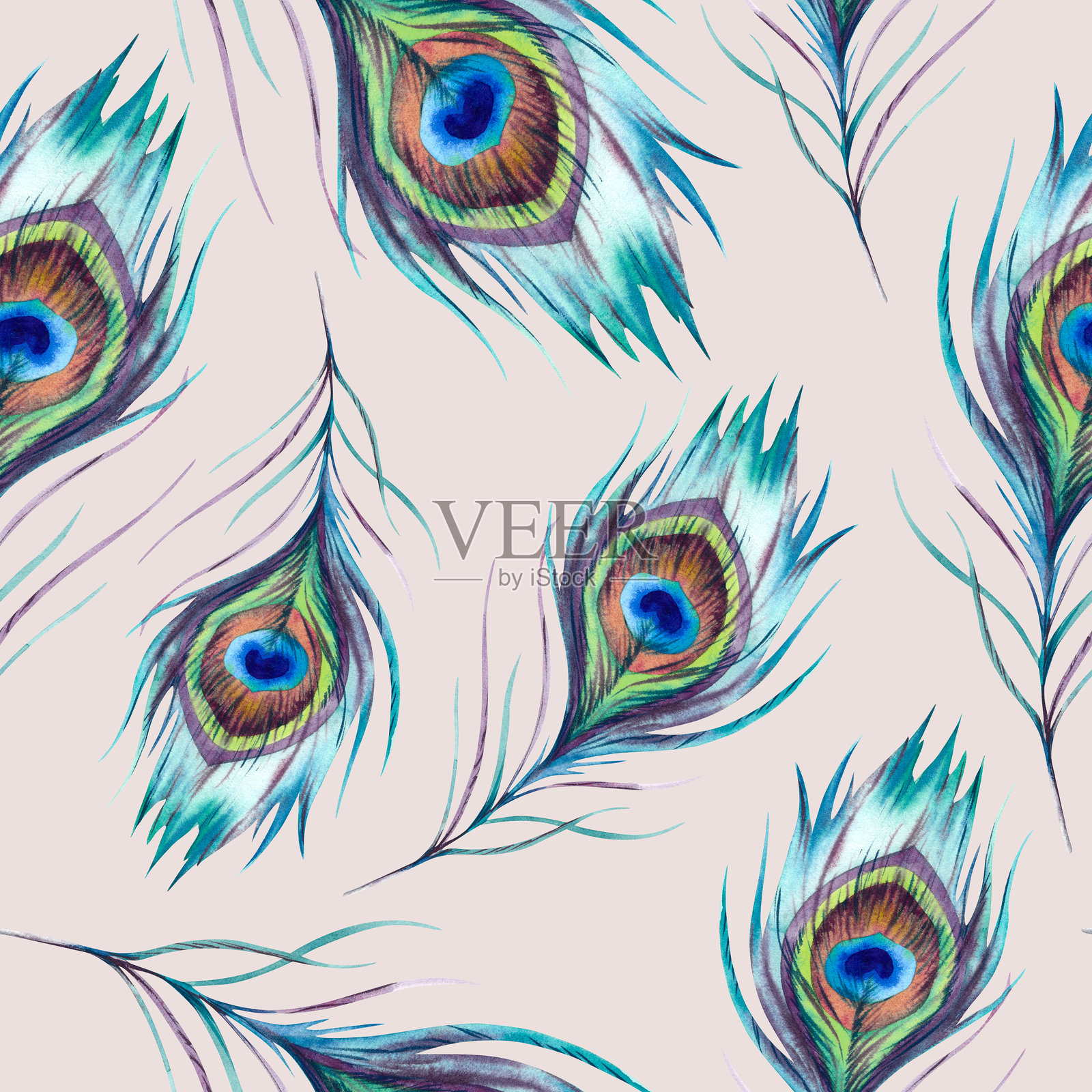 孔雀羽毛。无缝图案。插图为手绘，采用水彩技法。美丽的明亮多彩的凤凰羽毛，背景为米色。亚洲、印度风格的装饰。插画图片素材