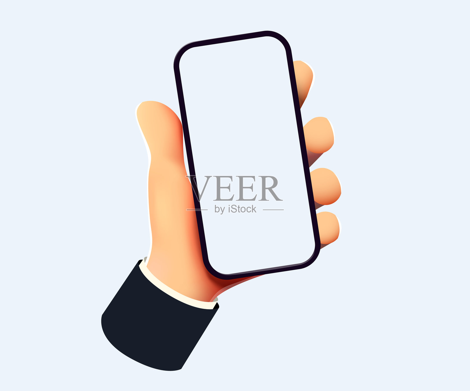 可爱的卡通手握着智能手机。现代化的展示图。插画图片素材