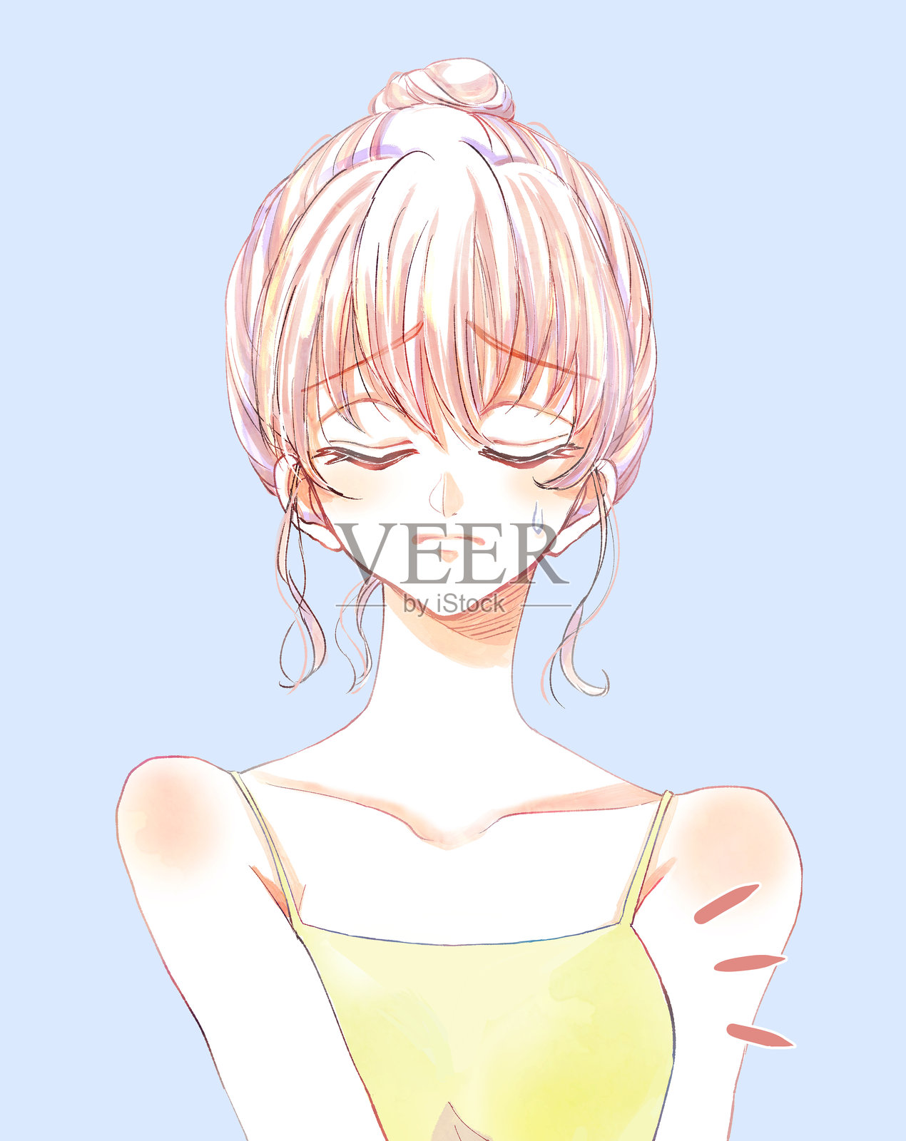 穿着吊带衫的年轻女性，面露悲伤之色插画图片素材