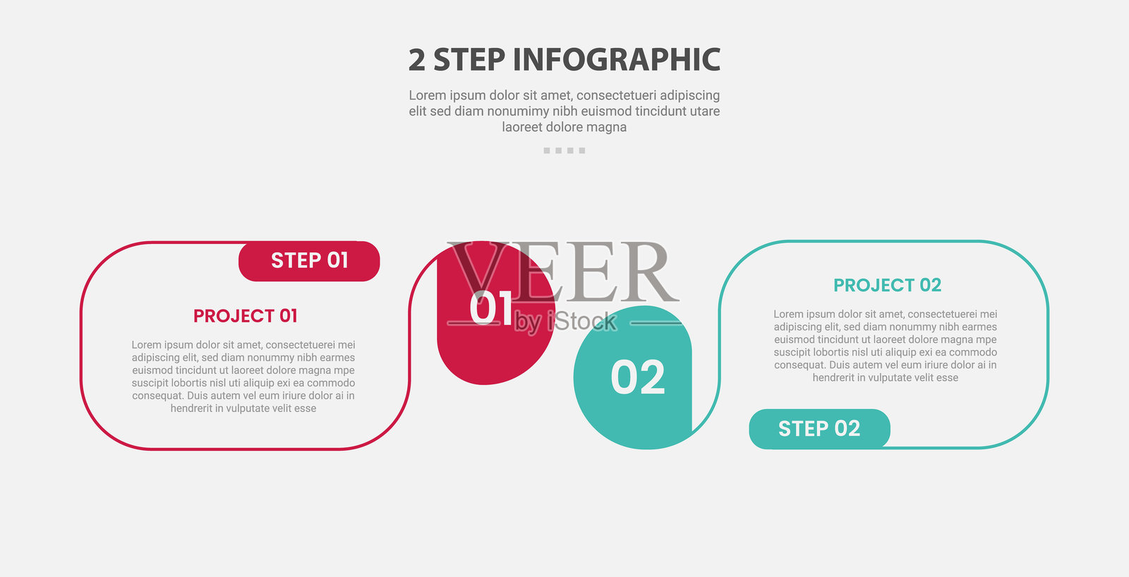 带有圆形边缘的圆框容器的两点模板信息图大纲样式，适用于两点阶段或步骤比较模板，用于幻灯片演示。插画图片素材