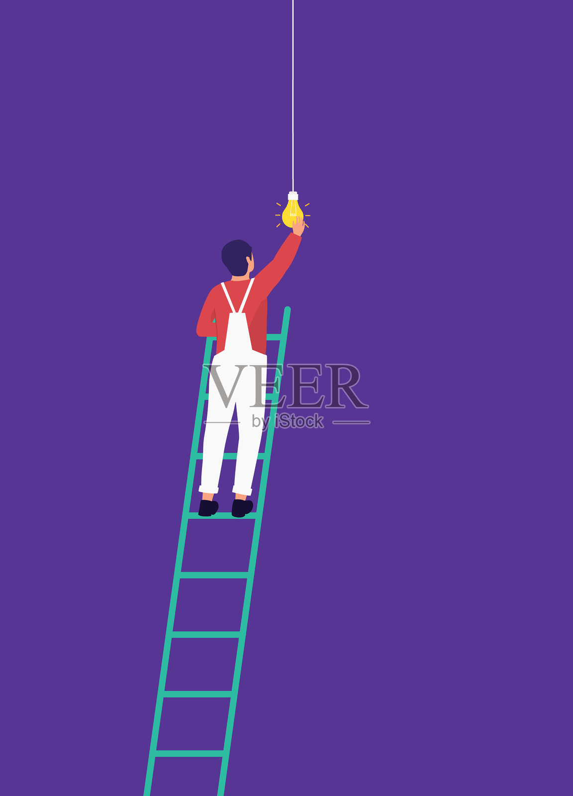 男性技术人员在梯子上修理悬挂的灯泡。插画图片素材