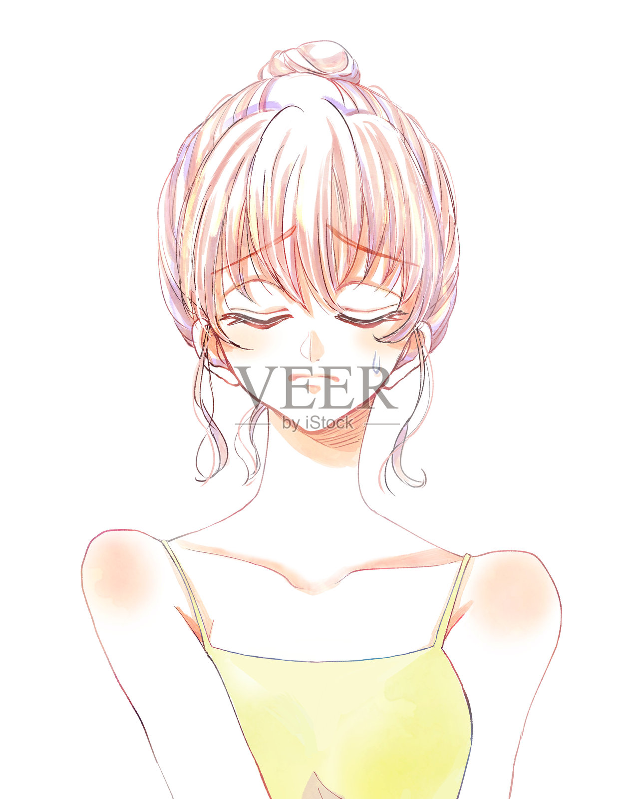 穿着吊带衫的年轻女性，面露悲伤之色插画图片素材