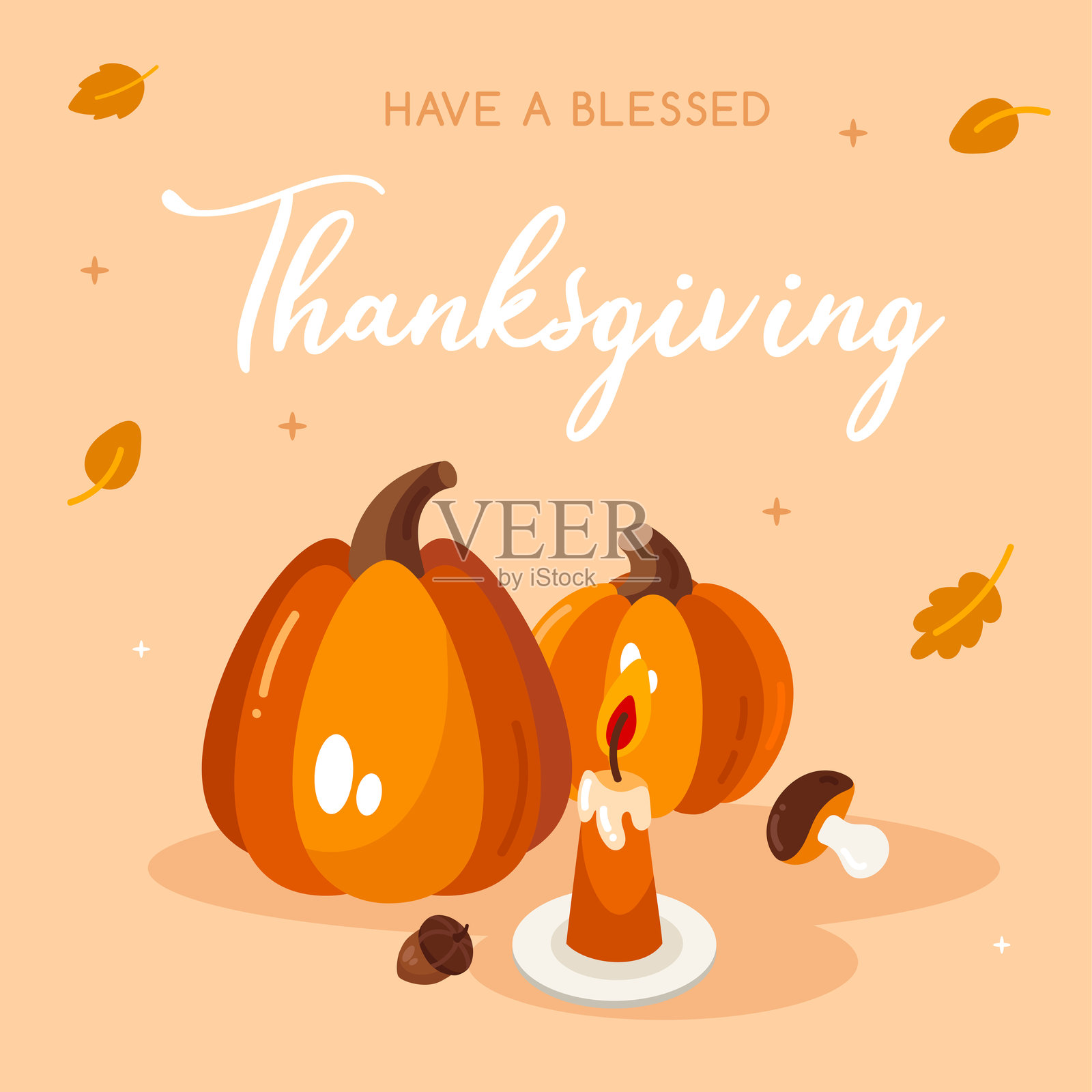 感恩节快乐贺卡，配有南瓜、蜡烛和树叶。矢量插图。插画图片素材
