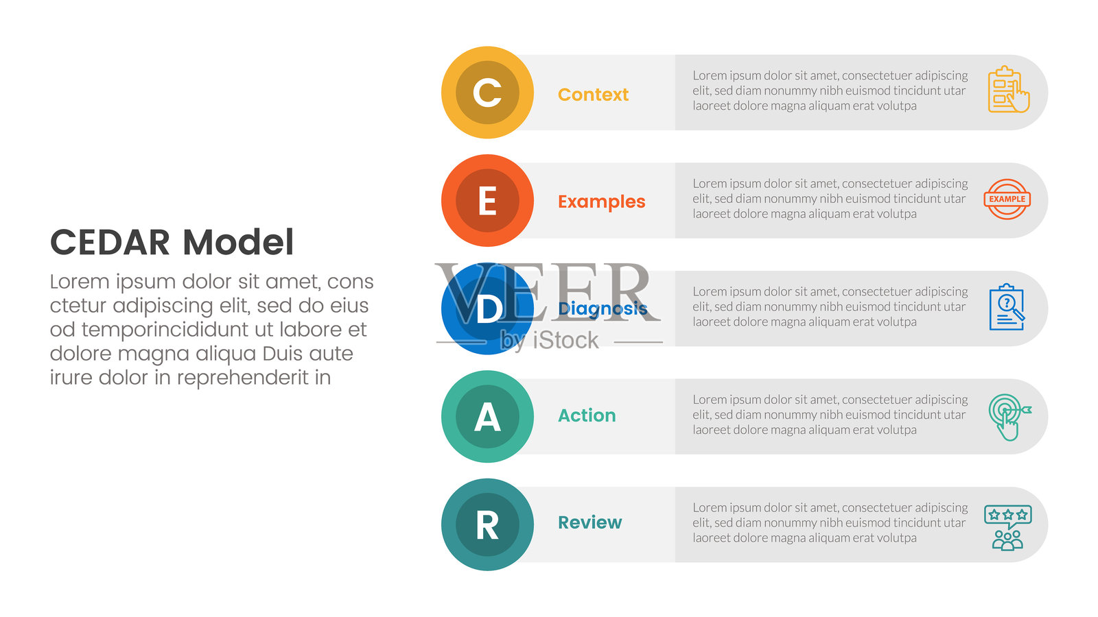 CEDAR反馈模型信息图模板横幅，带有圆形矩形堆叠垂直排列的5点列表信息，适用于幻灯片演示。插画图片素材
