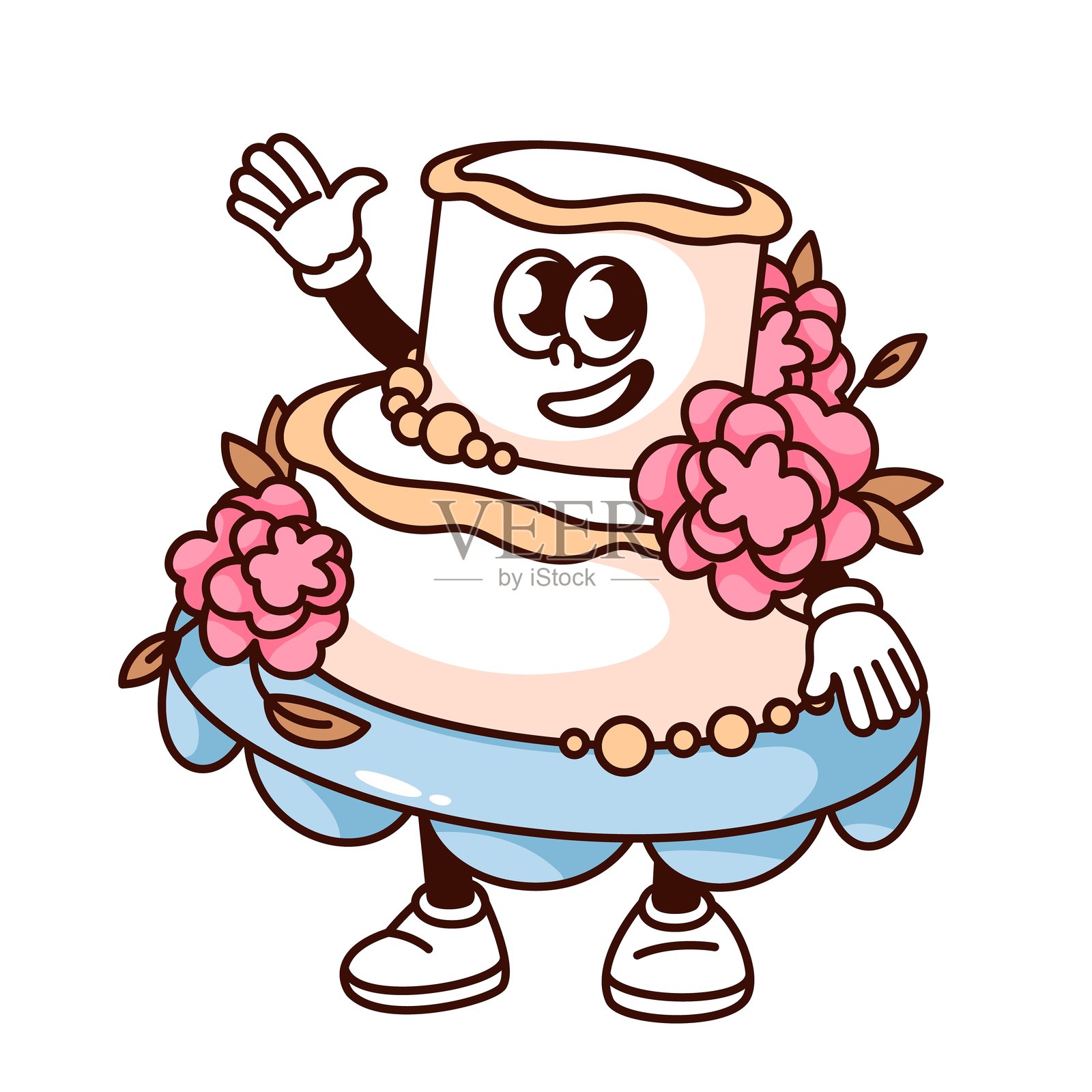 欢快的婚礼蛋糕卡通角色，手举着微笑问候插画图片素材