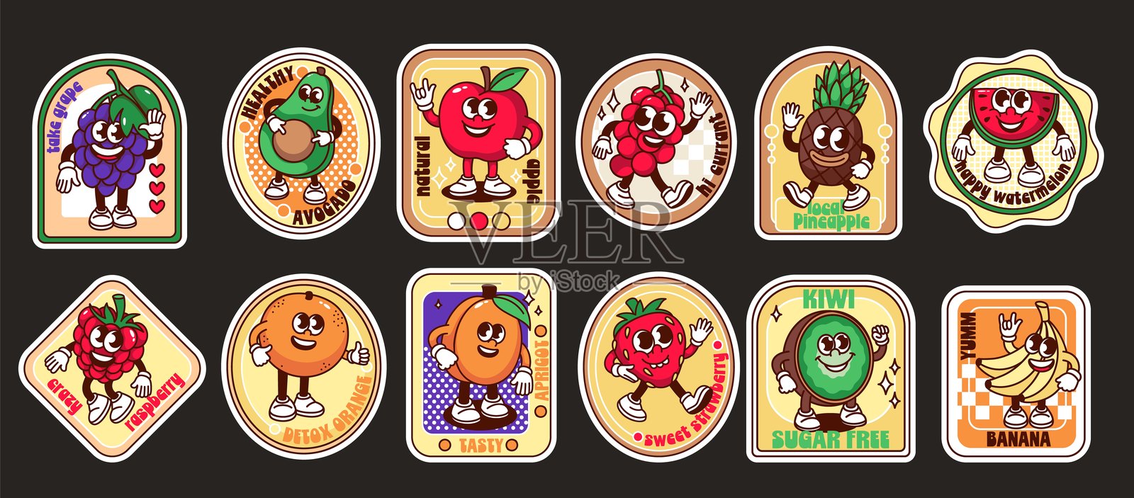 卡通标签上的酷炫水果角色系列插画图片素材