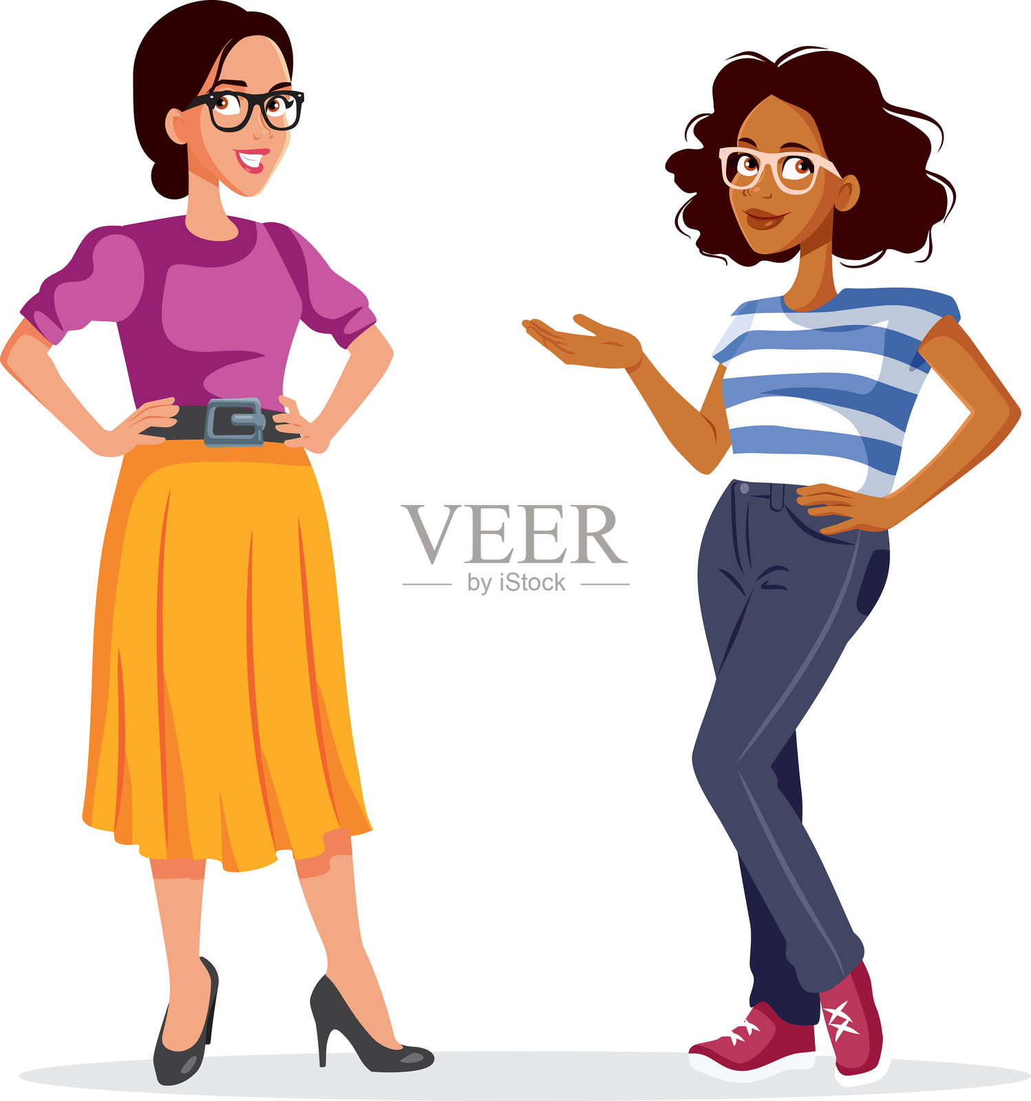 年轻时尚休闲女性一起展示的矢量卡通图插画图片素材