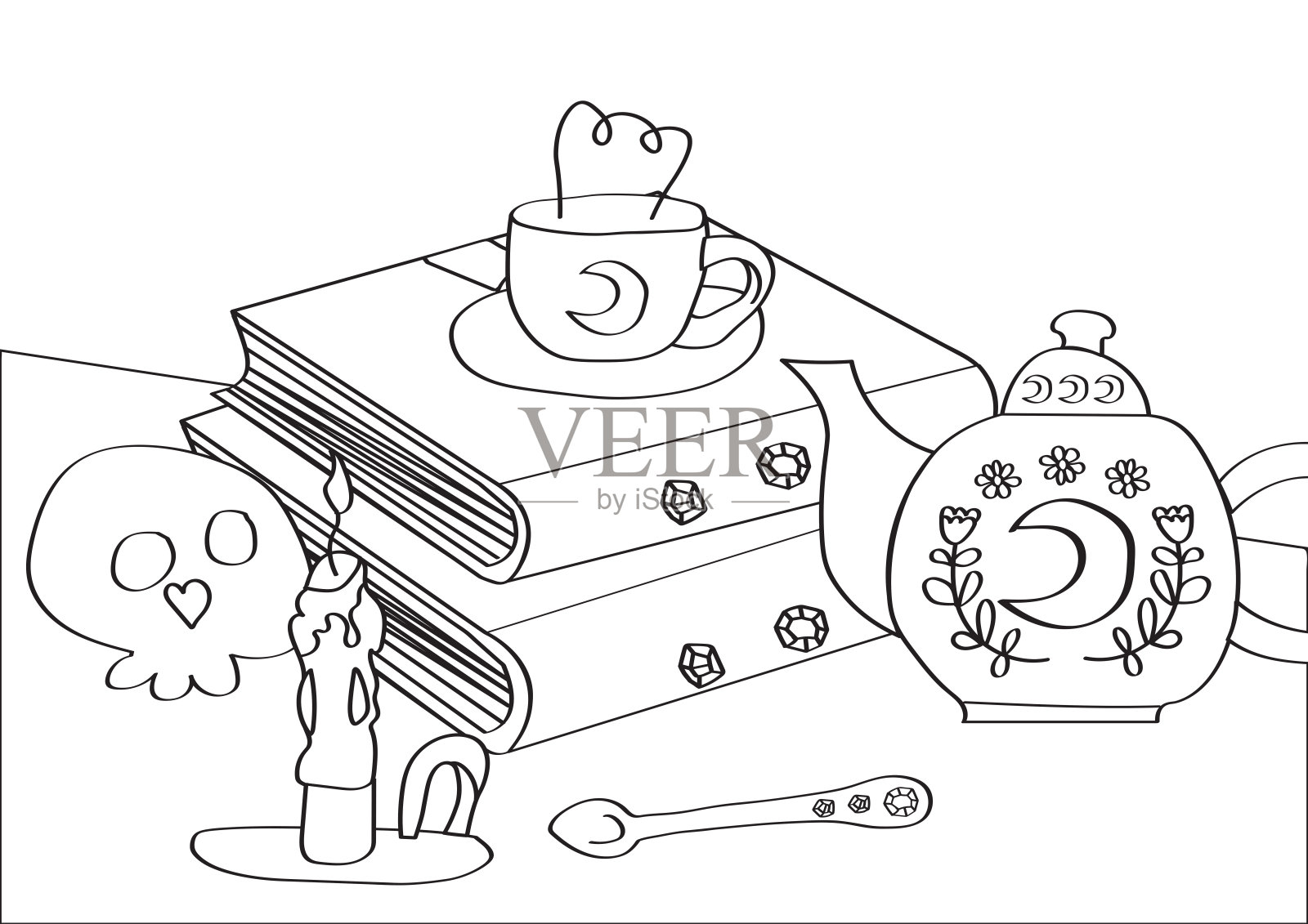 儿童用的女巫魔法书和茶具涂色页。插画图片素材