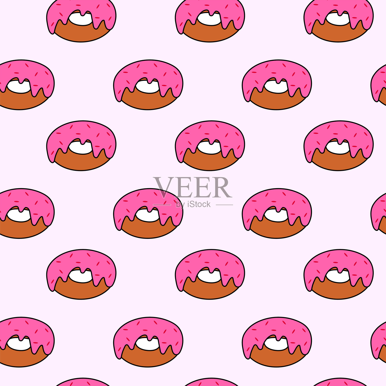 带有粉色糖霜和撒糖的甜甜圈无缝矢量图案。扁平化插图。插画图片素材